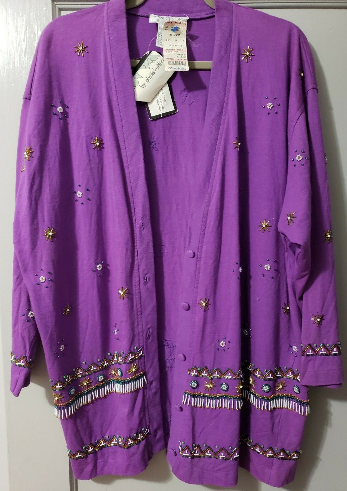 NWT Vintage 1980’s TRIC TRAC phyllis keitlen Med Purple Beaded Cotton Cardigan