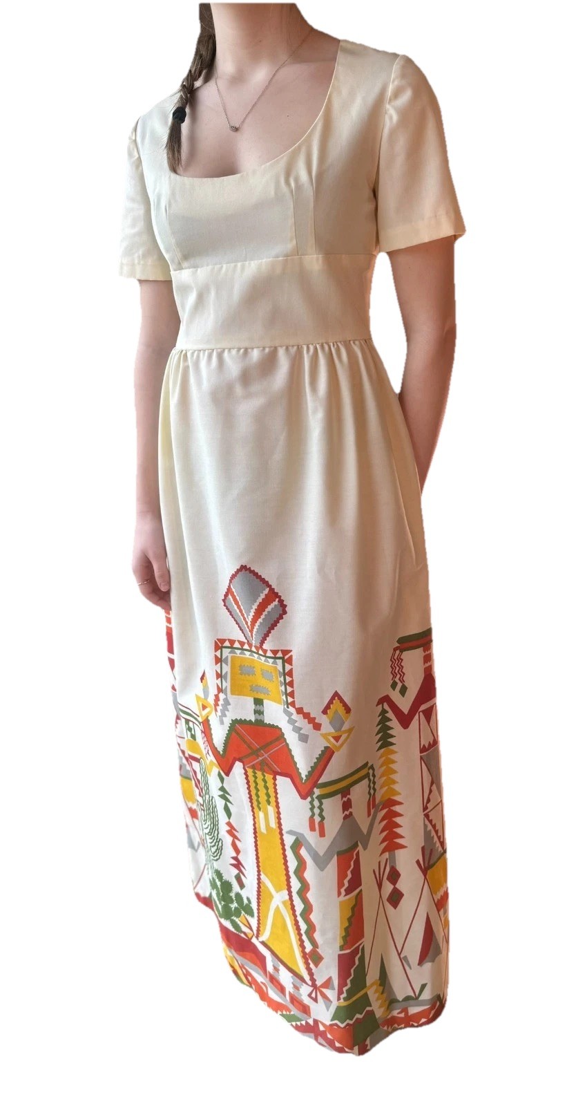 Vtg 1960s 70s Maxi DRESS Kachina Doll CACTUS Print Native FOLK ART Skirt XS/S