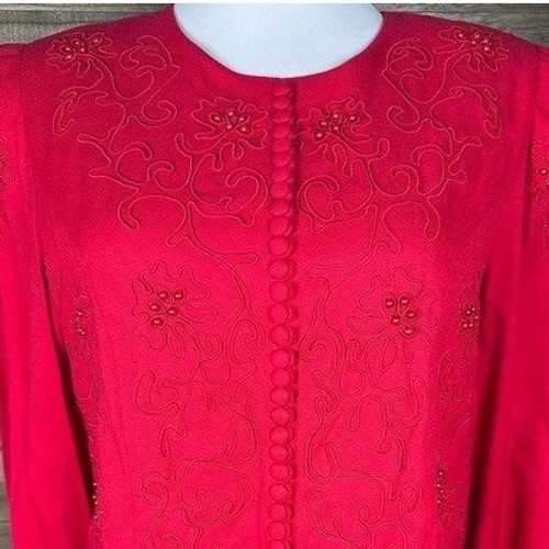 Plaza South Red Beaded Embroidered Vtg Maxi Dress Womens 10 Formal Long Sleeve