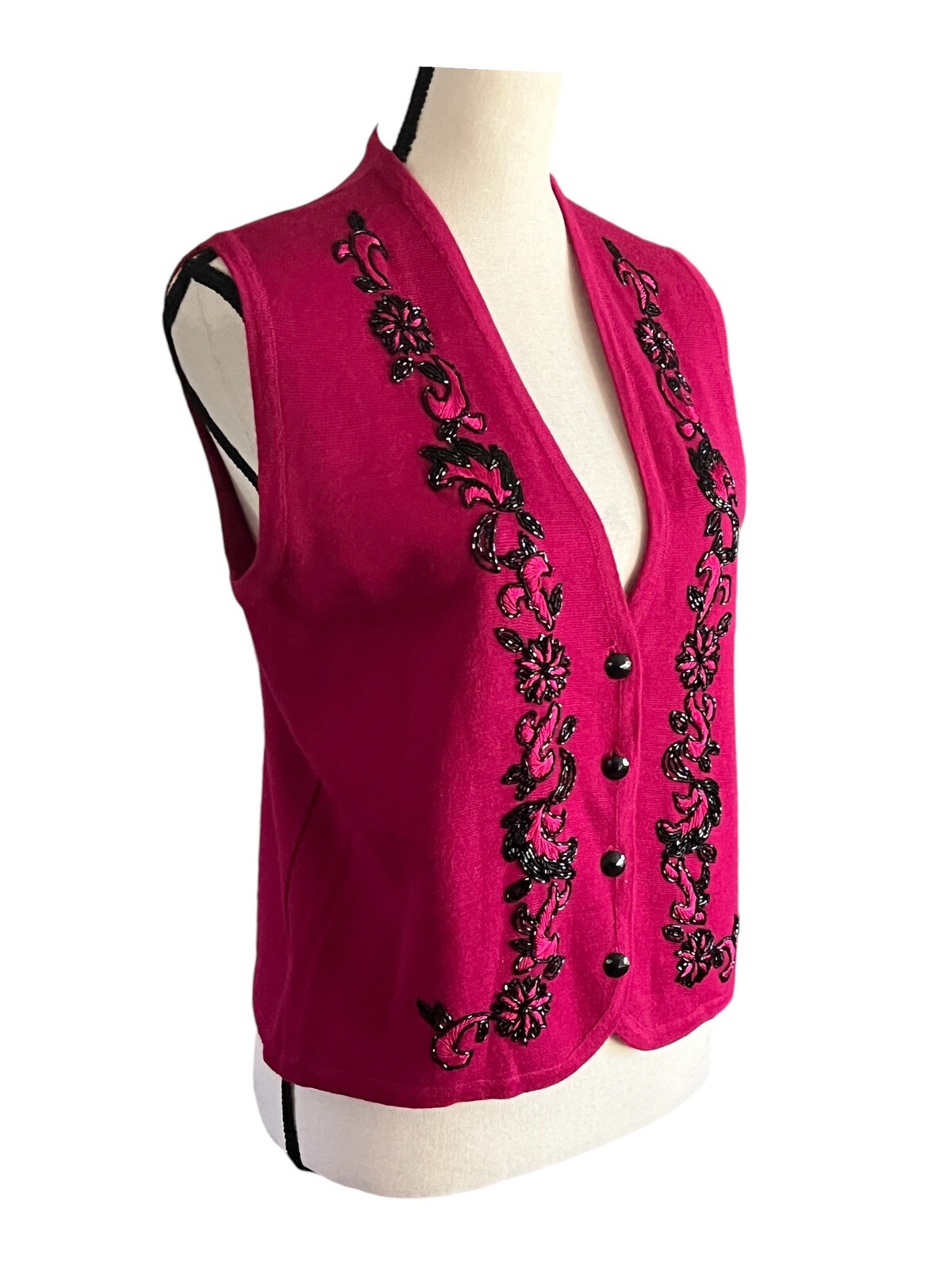 Vintage KORET Dark Red With Black Beaded Button Up Vest Sz. P