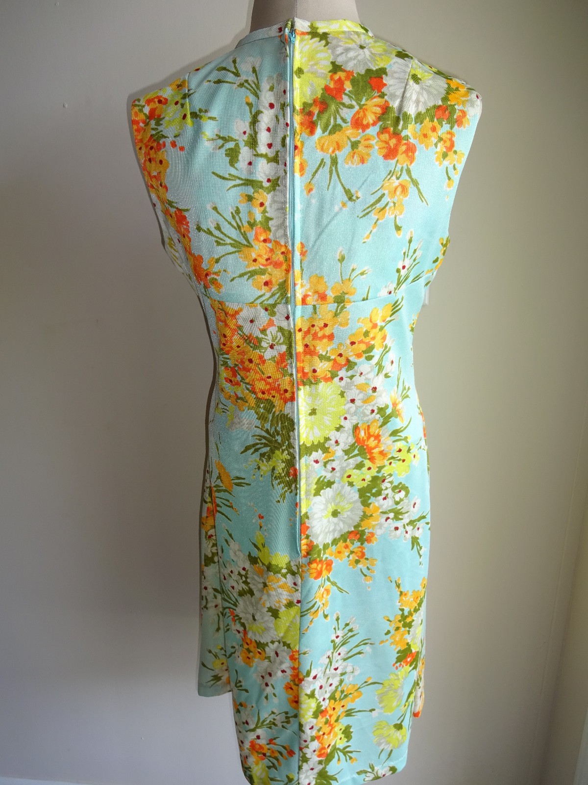Vintage Blue 1970s Floral Sleeveless Shift Dress S M Orange Yellow White Flowers