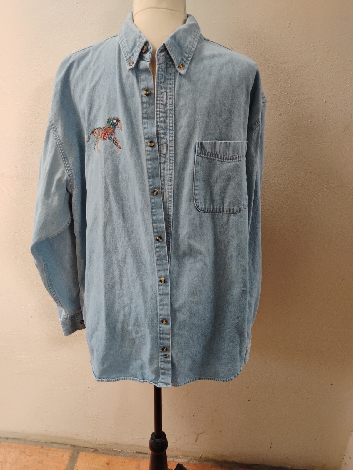 Horse Denim Shirt Adult XL Blue Equestrian Men Tribal Men 90s VINTAGE