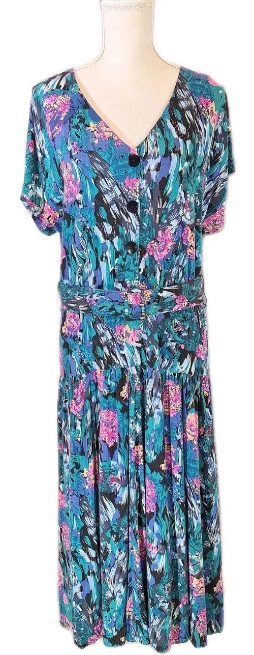 VTG PELLINI BY VON BRAMLETT 13/14 Abstract Floral Midi Dress Button Vneck Belted