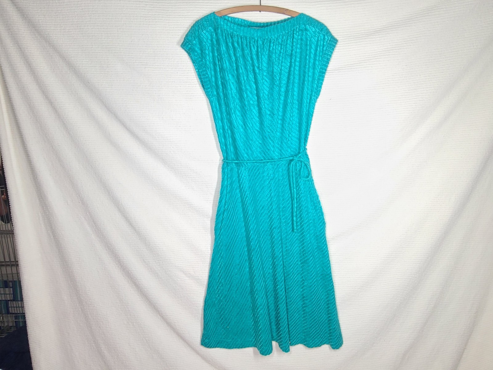 1970s Disco Knit Dress Teal Terry Cloth Diagonal Corduroy Stripe wBelt Large