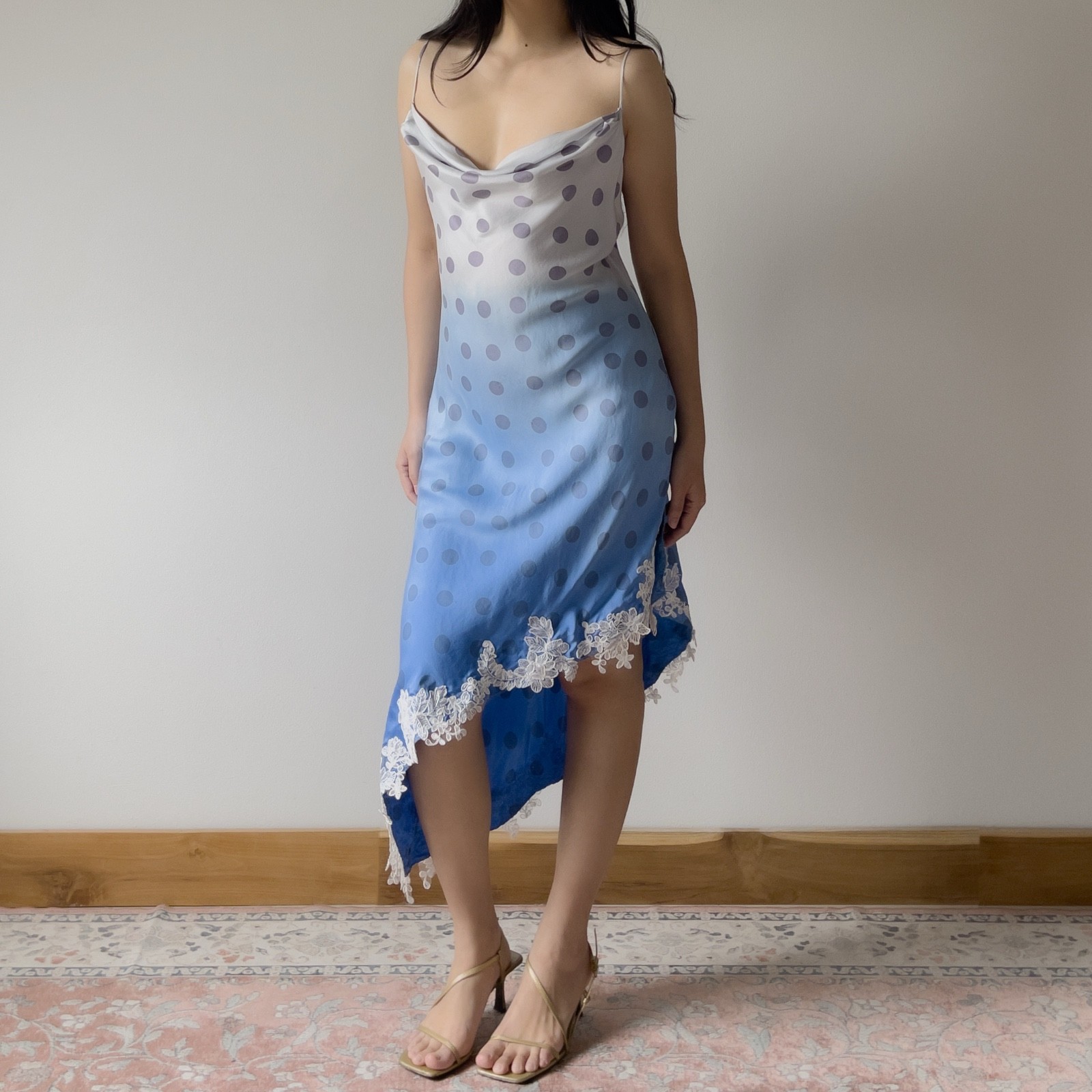 Vintage Pale Lavender & Hand-Dyed Blue Silk Polka Dot Slip Dress (S–M)