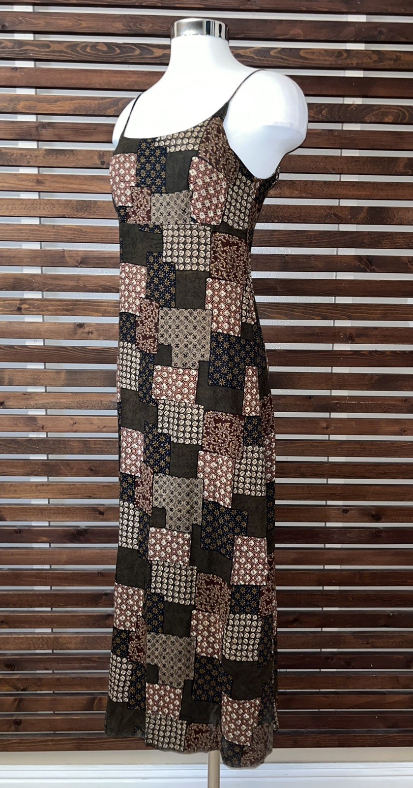 Vintage 1990s 90s Patchwork Print Brown Spaghetti Strap Grunge CTME Dress 3/4