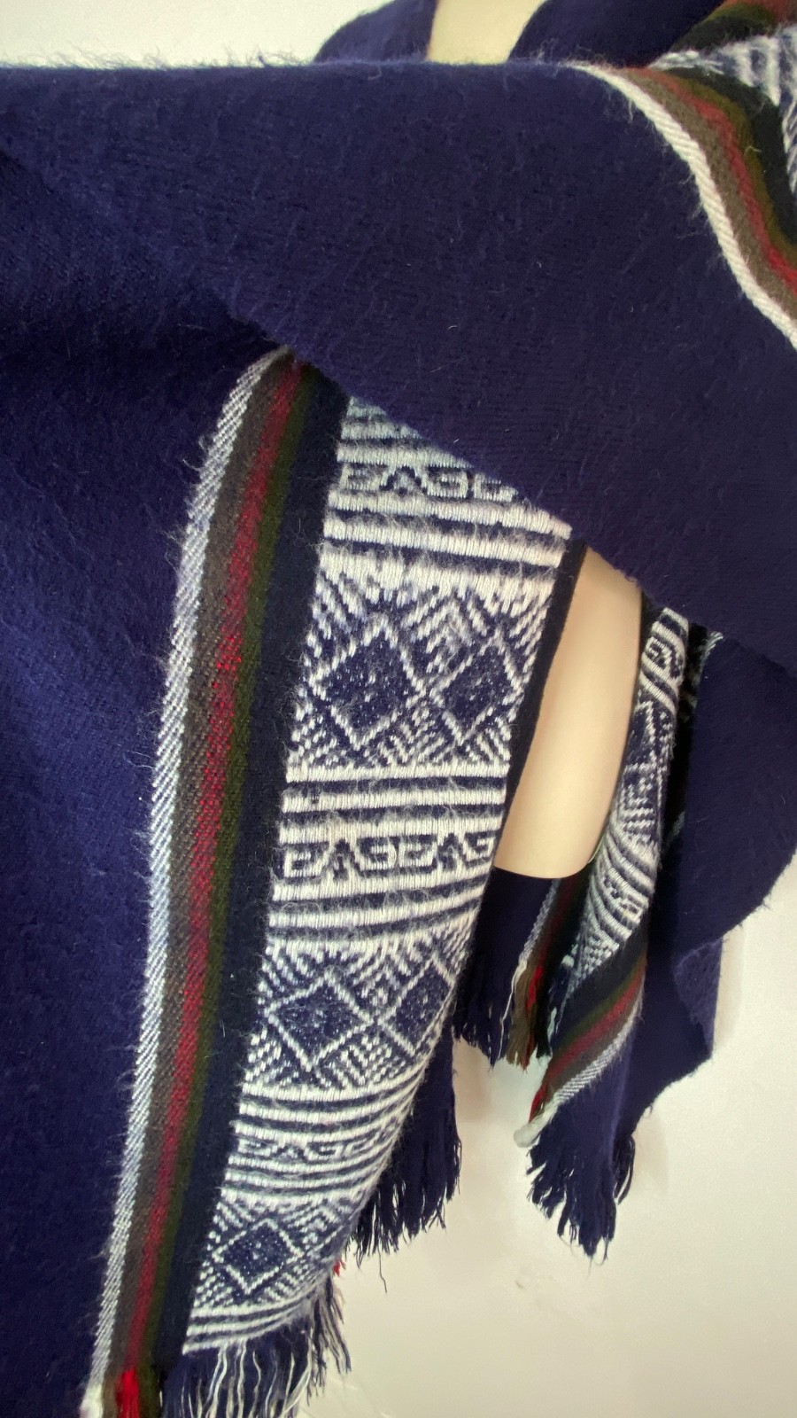 Vintage 1970s blue alpaca wool poncho long striped fringe unisex boho blanket