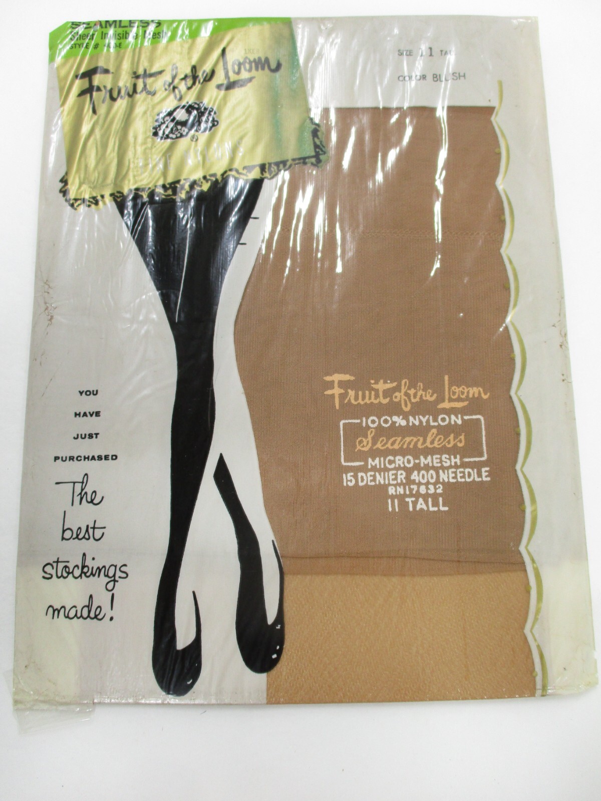 1PR VINTAGE FRUIT OF THE LOOM RHT SHEER MICRO MESH NYLON STOCKINGS 11 LONG BEIGE