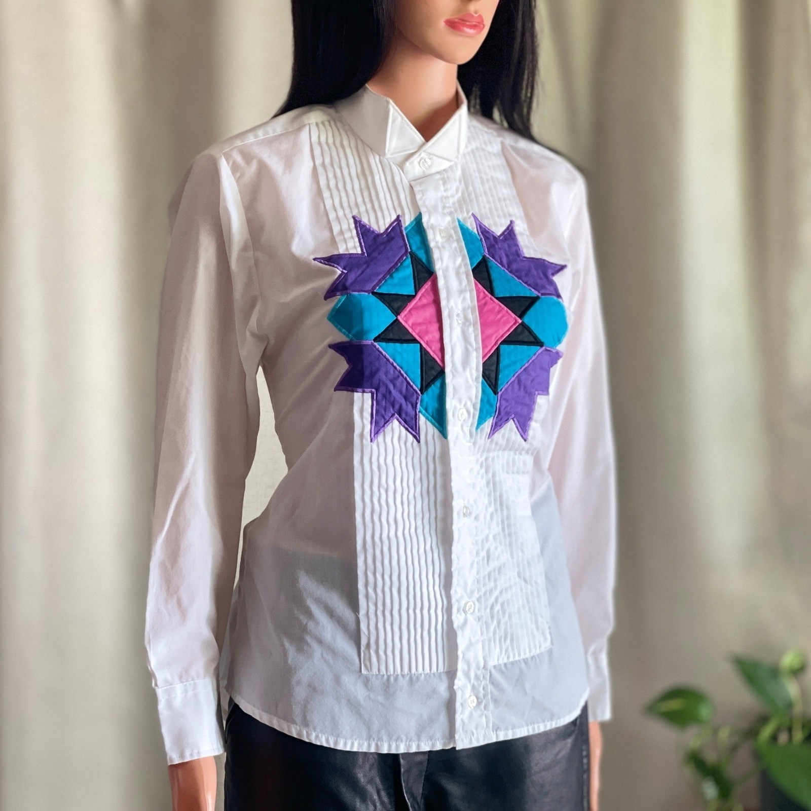 Vintage 80s Broadway Tuxmakers White Pleated Bib Shirt Patchwork Western Size M