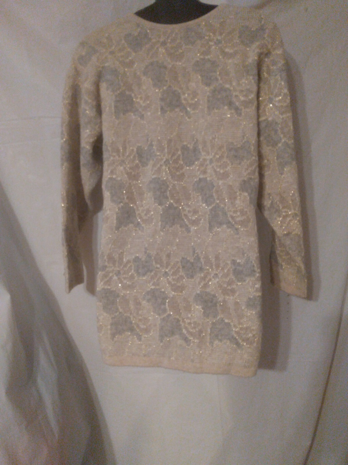 80s Vintage Gold Floral Pullover Sweater Acrylic Metallic -38″ Bust Medium