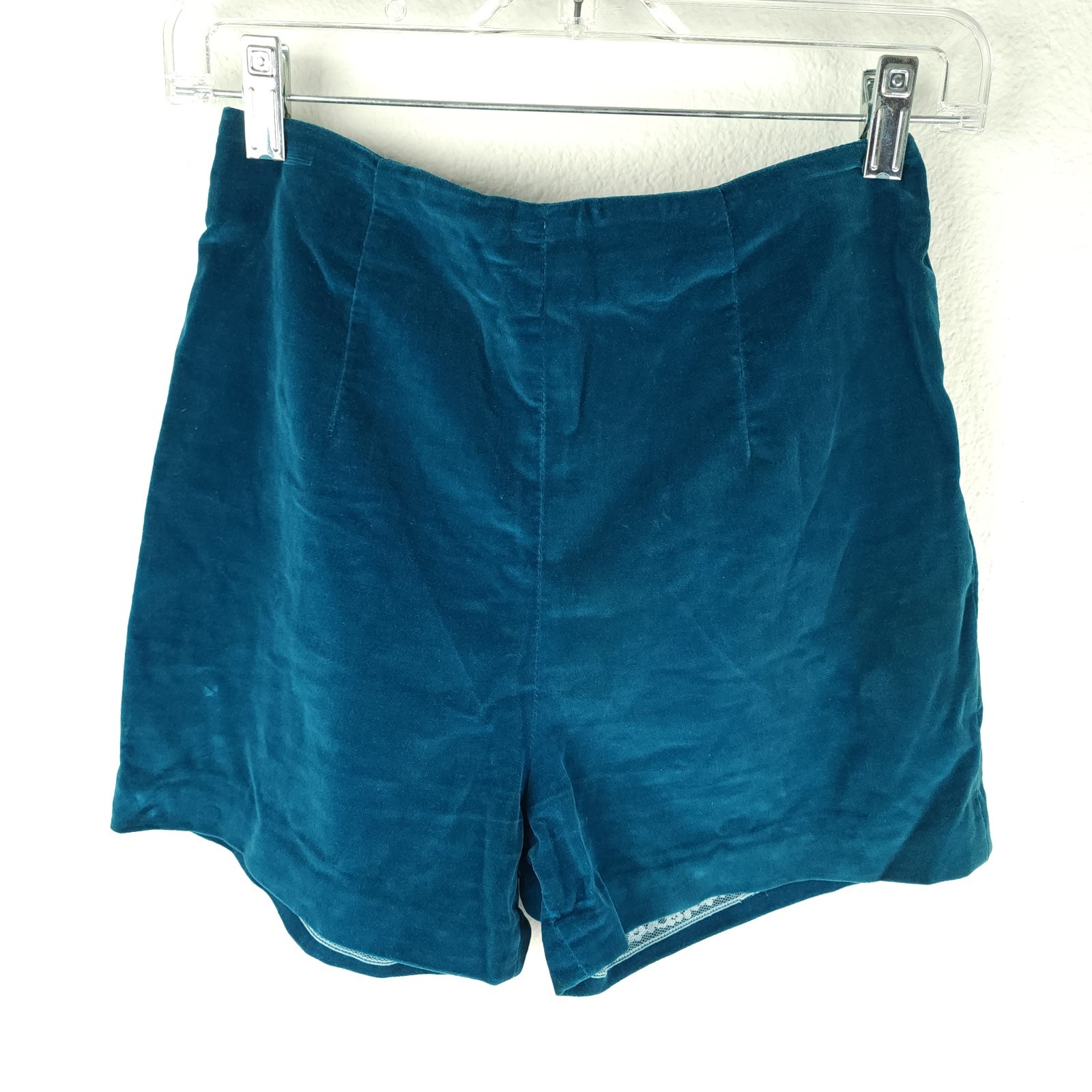 Vtg 60s Mod Go Go Teal Blue Hot Pants Velvet Pin-Up Burlesque Shorts Woodard~XS