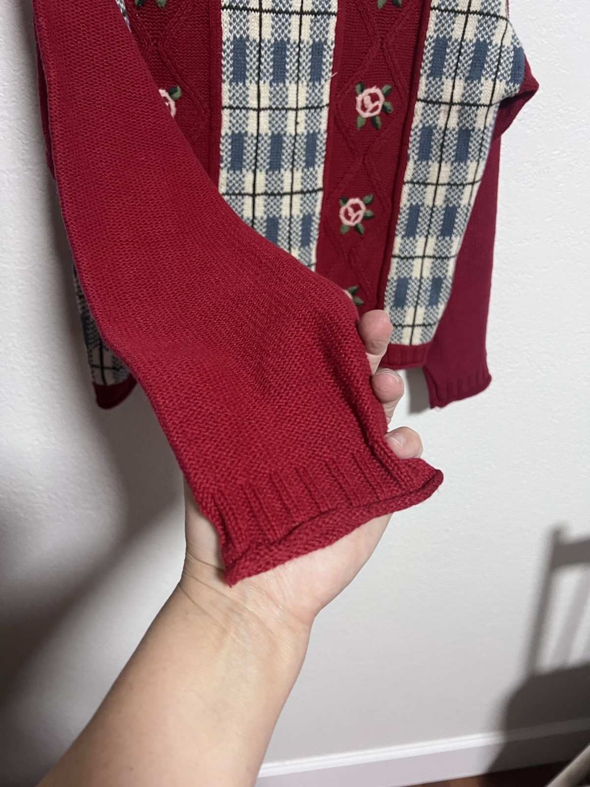Vtg 80s Crazy Horse Sm Red Sweater Rose Embroidered Plaid Novelty Knit