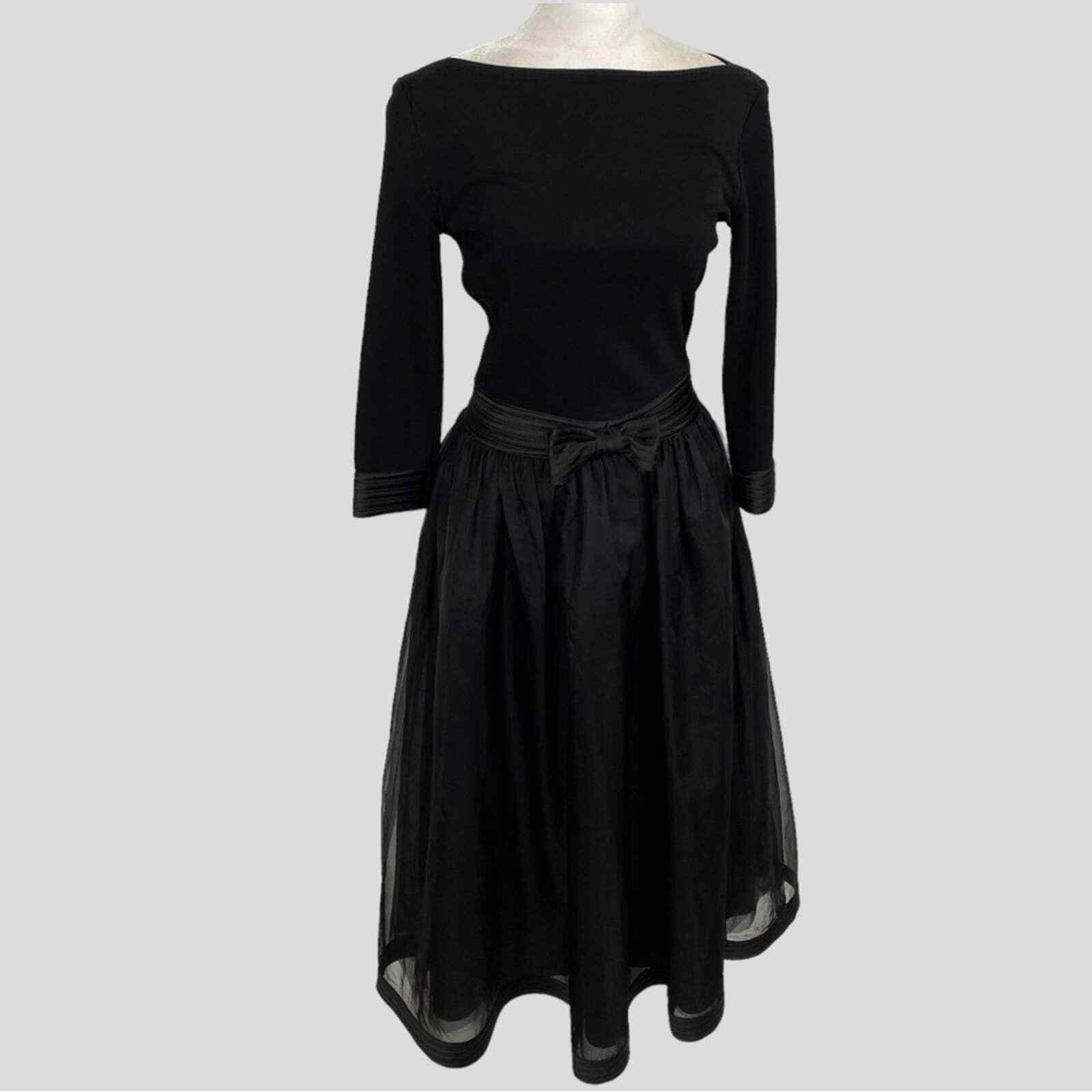 Vintage Tadashi Black Silk Bow Trim Organza A Line Midi Dress NWT Deadstock
