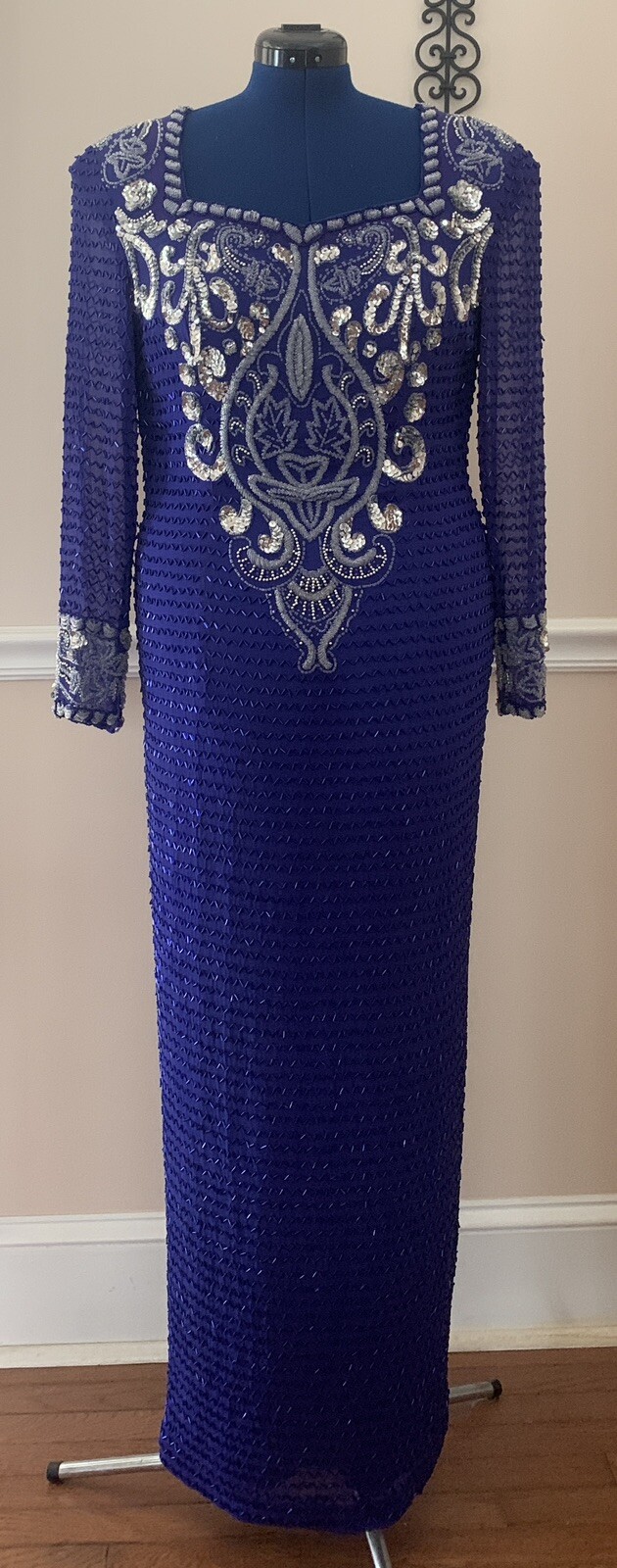 Vintage Macis Heavy Beaded And Sequin Embroidered Silk Evening Dress Blue Size L