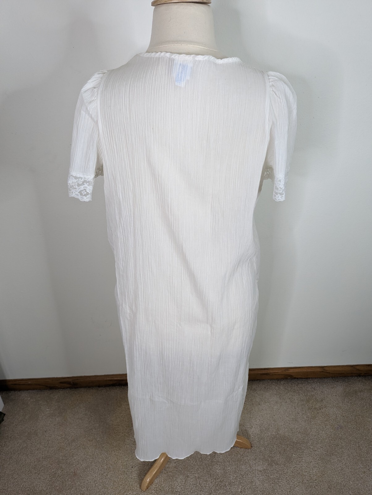 Vintage White cotton Lace Short Sleeve Long Night Gown Pink Ribbon Women’s L D2S