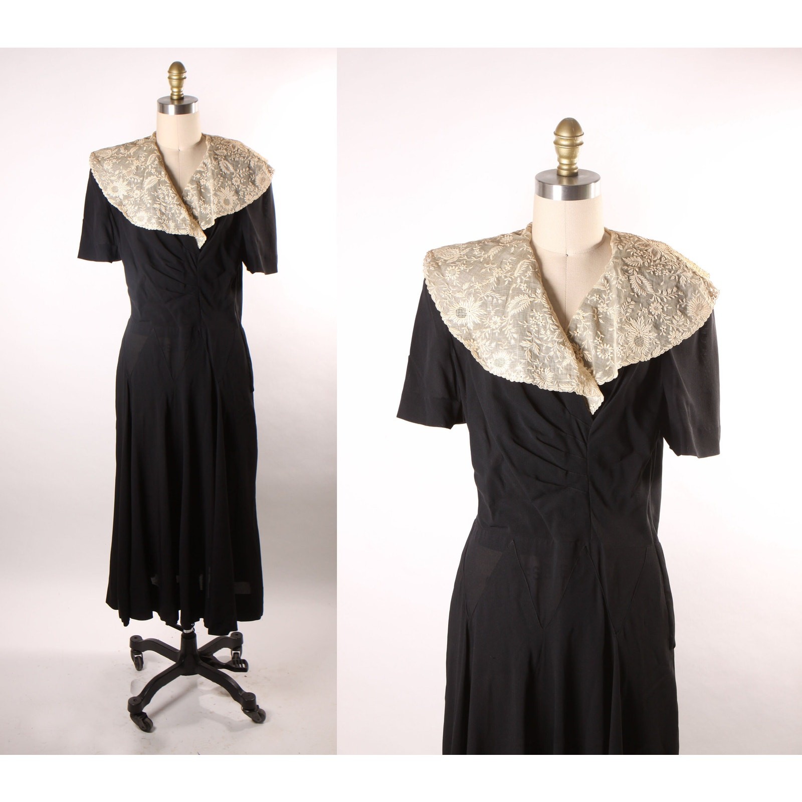 1940s Cream Black Lace Short Sleeve Formal Dress by Eisenberg Originals