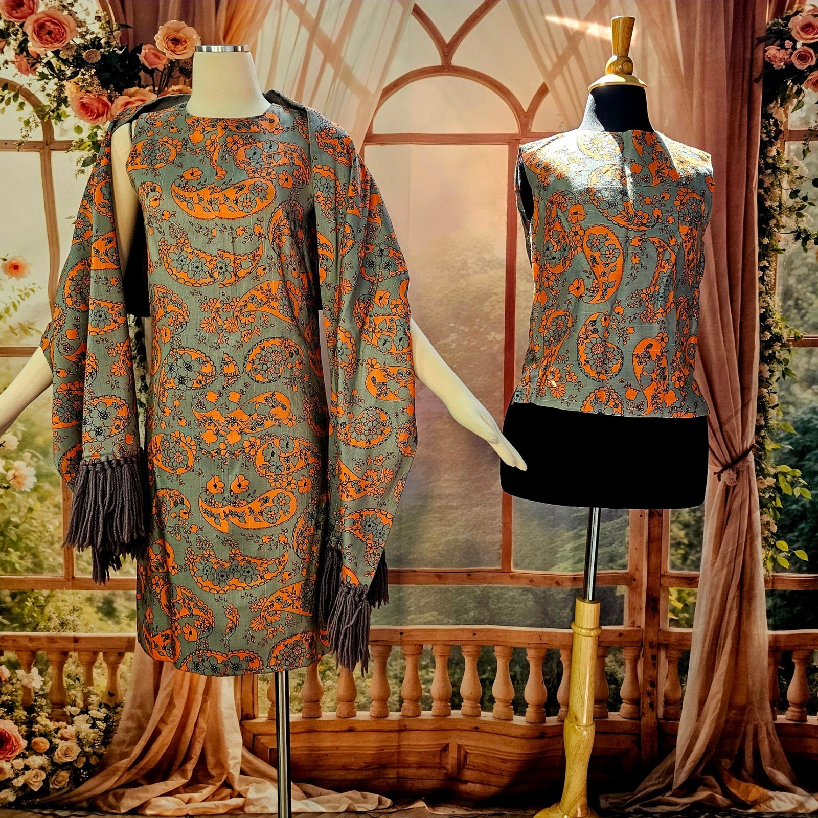 Vintage 1960s Paisley Dress Set Shift Top Blouse Fringed Shawl Grey Orange Mod