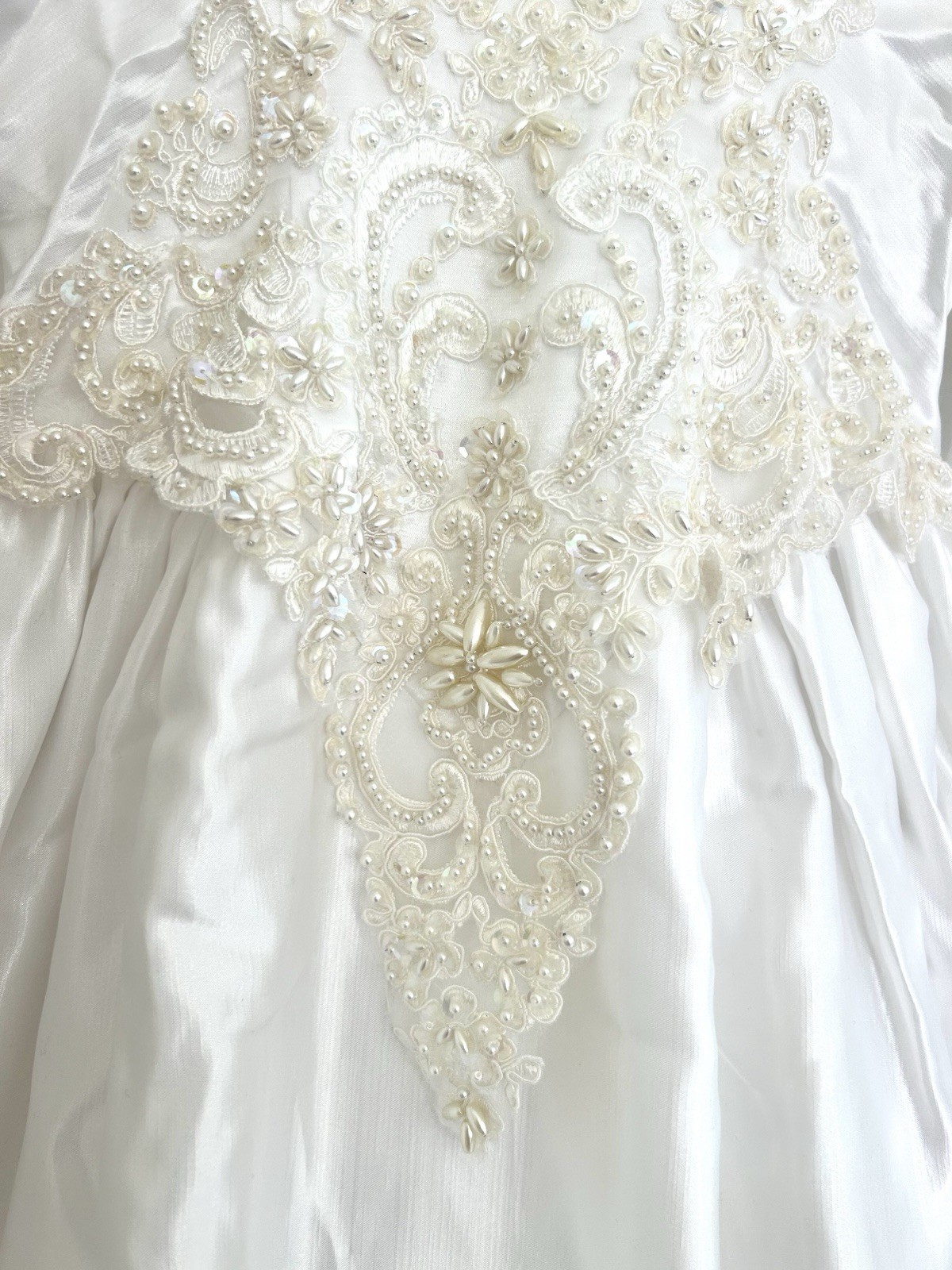 Vintage 1980s White Satin Beaded Wedding Gown & Floral Veil Crown Set Size s