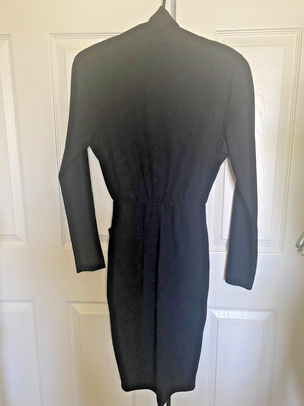 Vintage 80s Donna Karan Black Wool Pleated Draped Waist V Neck Sheath Dress L