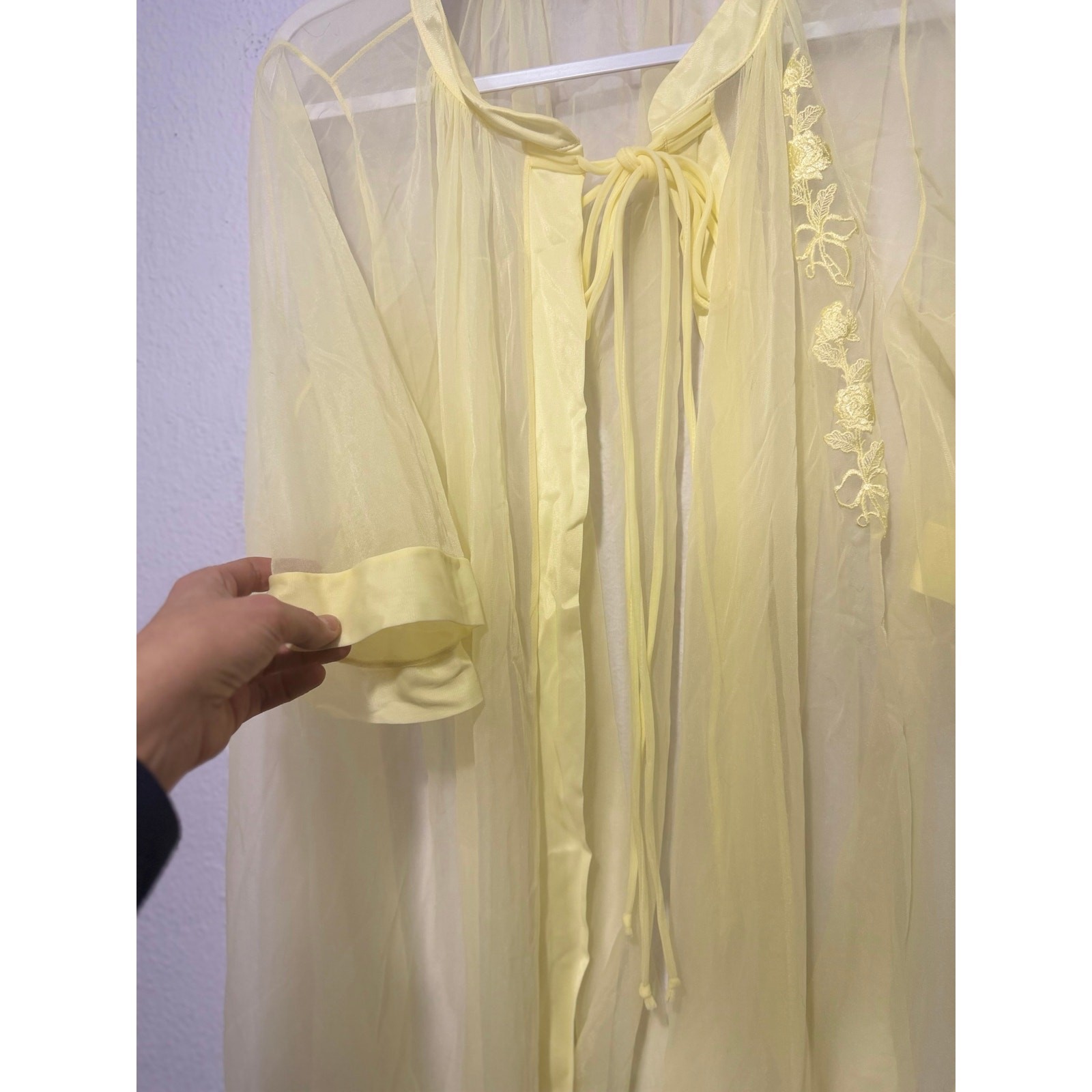 Vintage Gaymode Sheer Chiffon Robe Yellow 60s Floral Embroidered Coquette Bridal