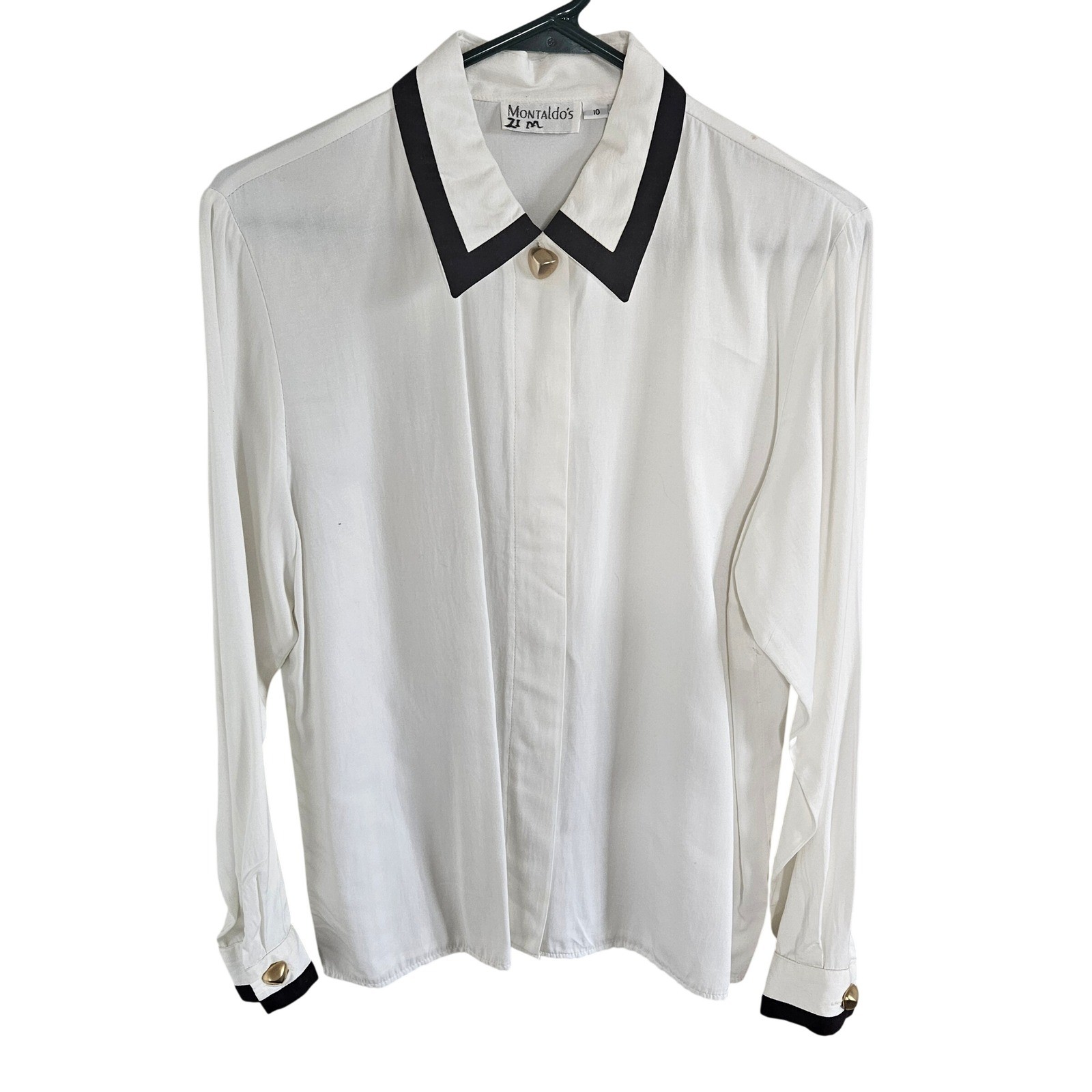 Vintage Montaldo’s White Black Contrast Trim Blouse Gold Button Size 10 USA Made