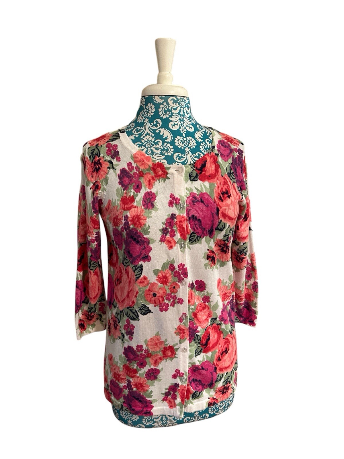 Vintage Laura Scott Floral Pink & Aqua Roses Cardigan Sweater Cottagecore Shabby