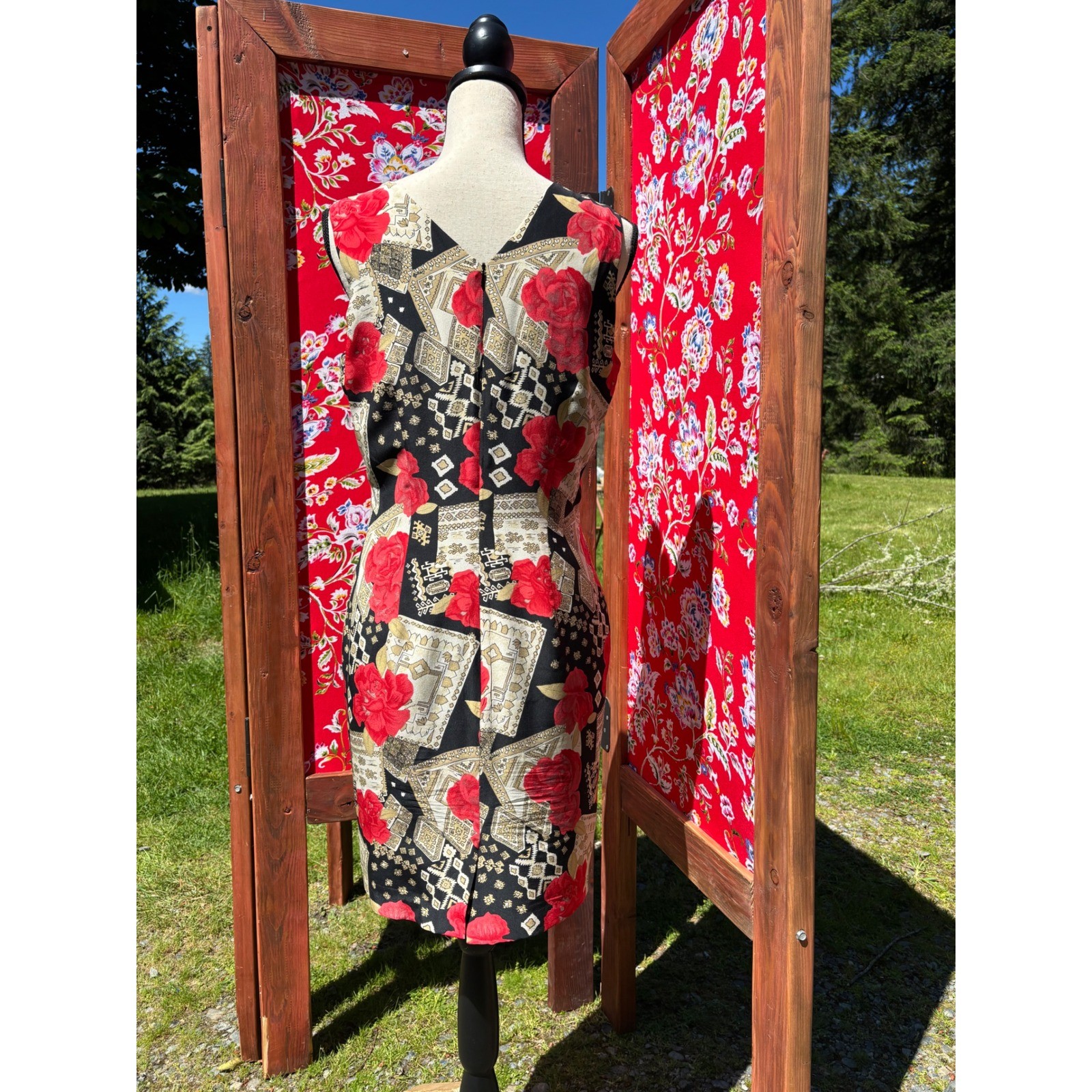 100% Silk Vintage Red Black Patchwork Print Boho Chic Euro Summer Dress Size S-M