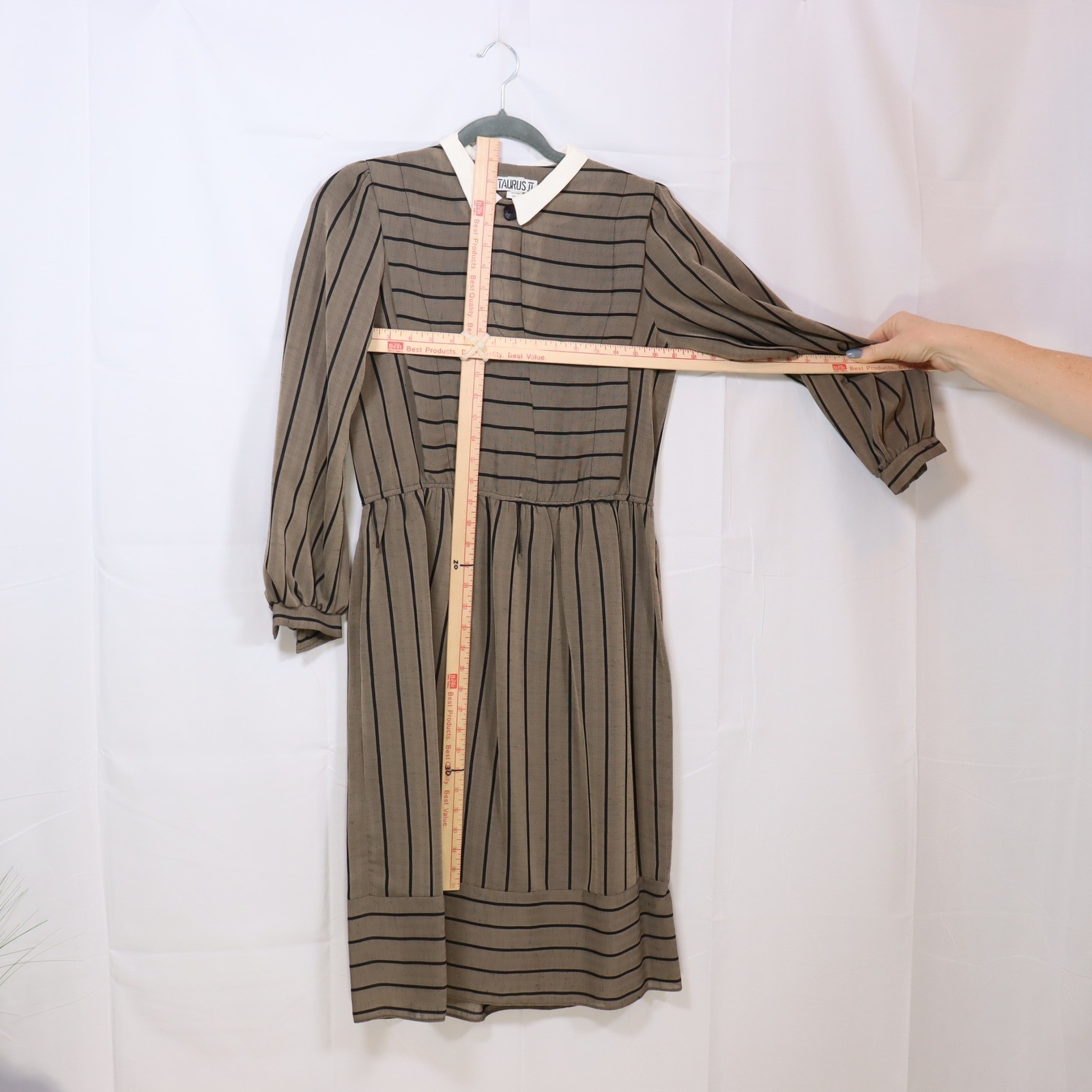 Taurus II Striped Long Sleeve Dress 10 Brown Womens Vintage Collared Midi