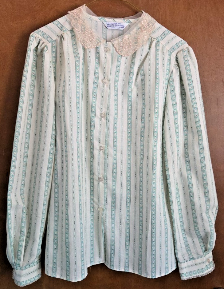Miss Fashionality Blouse Button Striped Vintage 13-14 Lace Collar USA Dainty