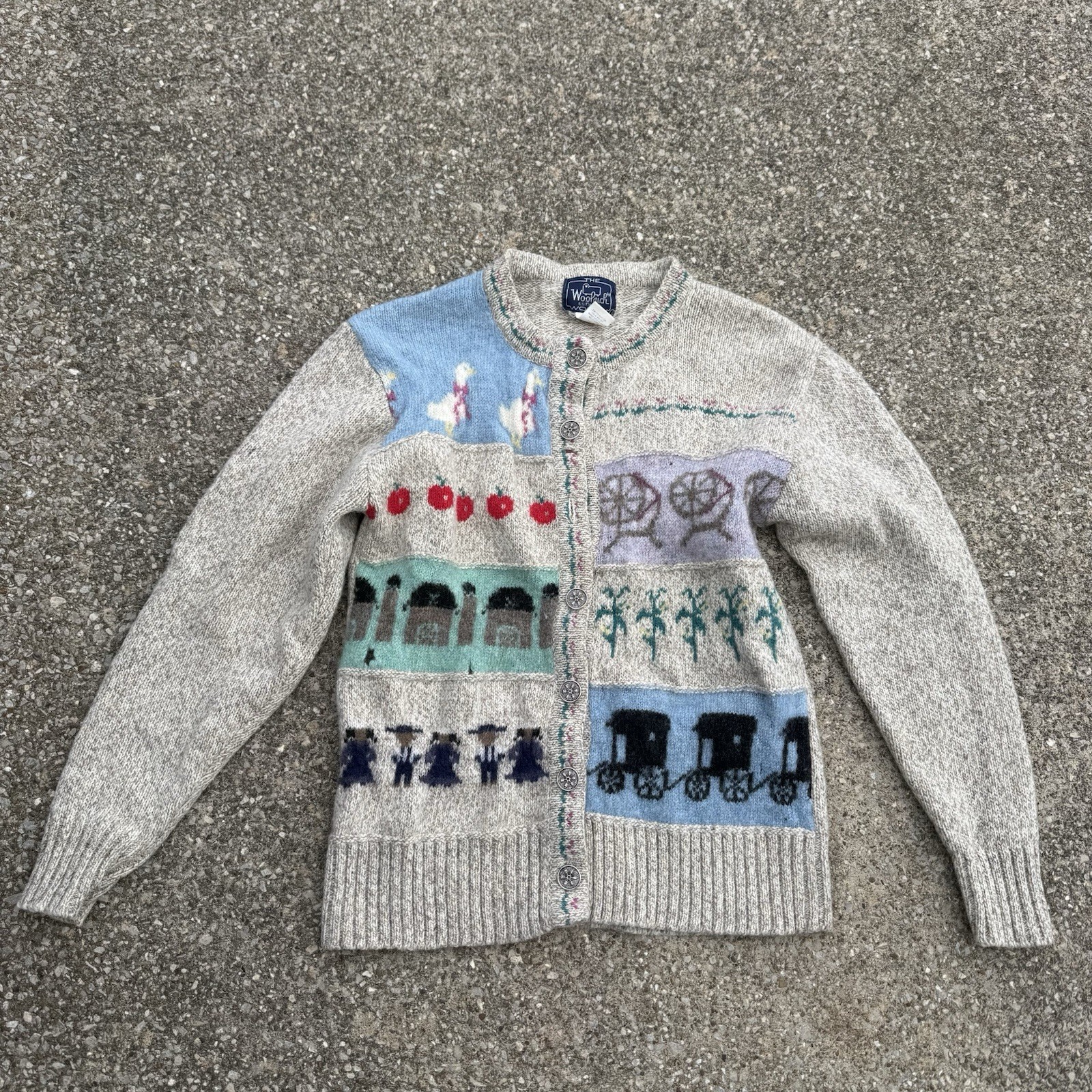 VTG 80s Woolrich Novelty Sweater Amish Farm Spinning Wheel Wool Sz S Buggy Goose