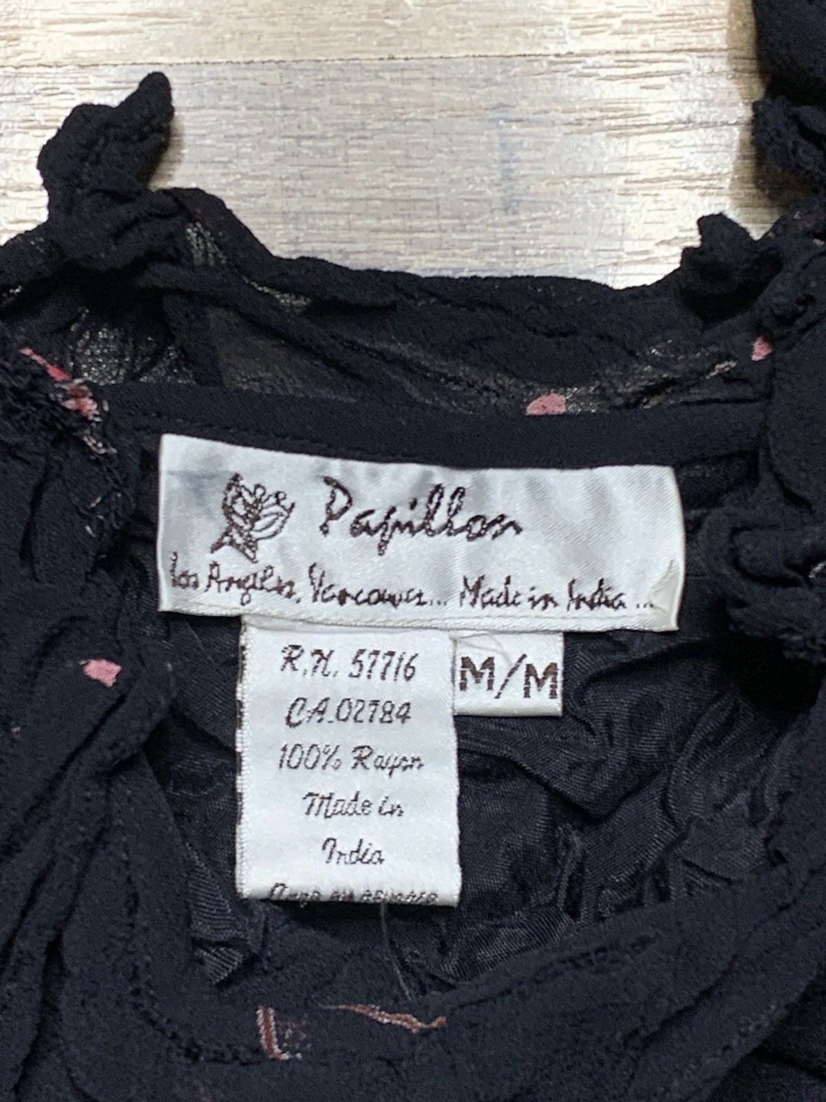 Vintage Papillon Black Rayon Dress, Embroidered Floral Medium