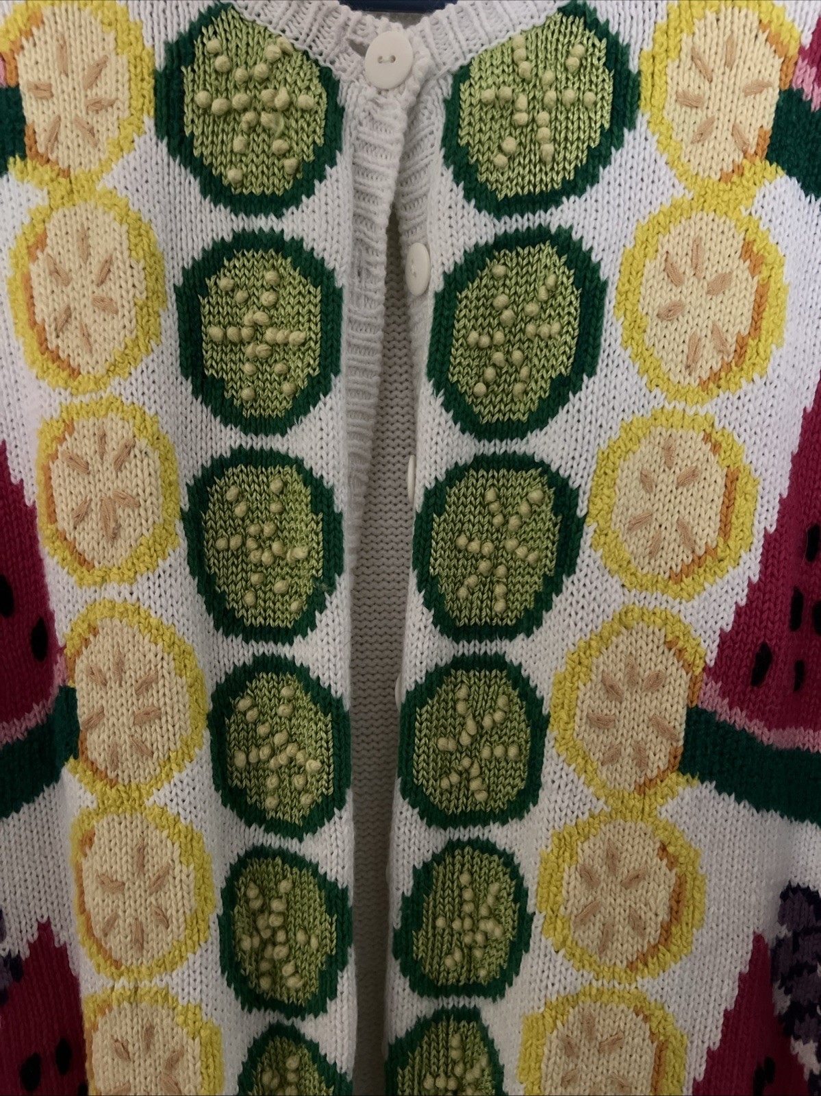Vintage 80s Mike & Me Fruit Novelty Cardigan Sweater sz XL Lime Watermelon Lemon
