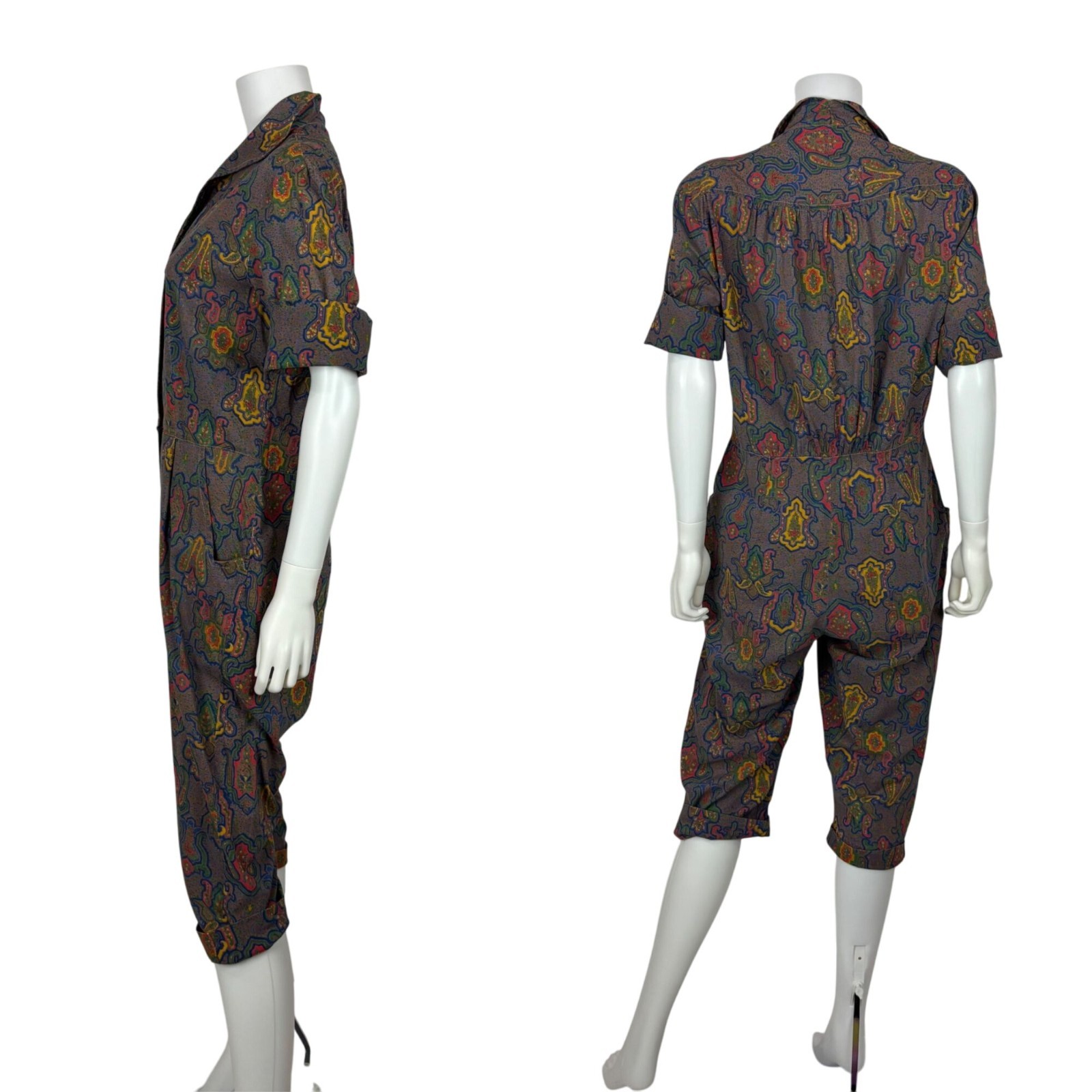 Vintage 50s Jumpsuit Womens L AS IS Multicolored Pattern Cotton Zip Up Casual