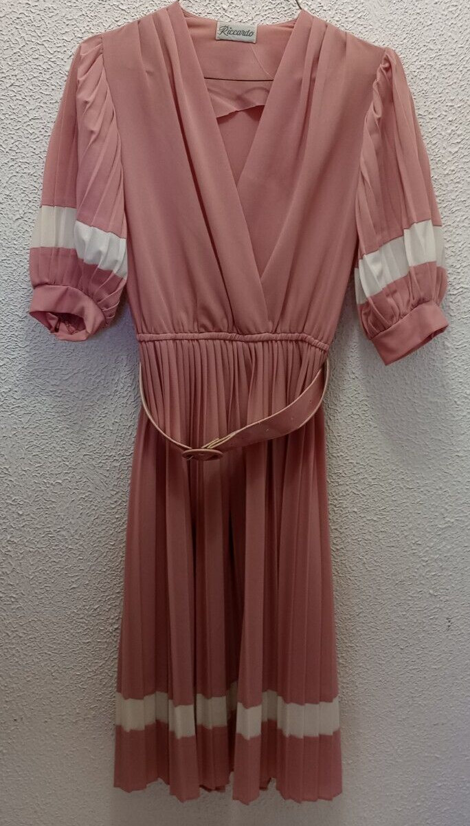 Vintage Riccardo Small Dress Pink Pleated Bottom Sheer Short Puff Sleeves