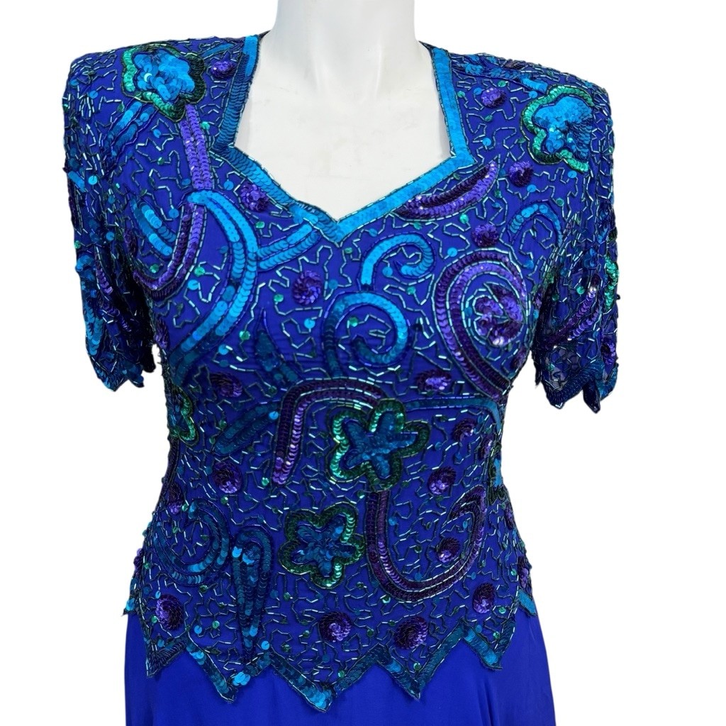 Vintage Brilliante by J.A. Silk Beaded Sequin Evening Gown Blue Purple Green Wom