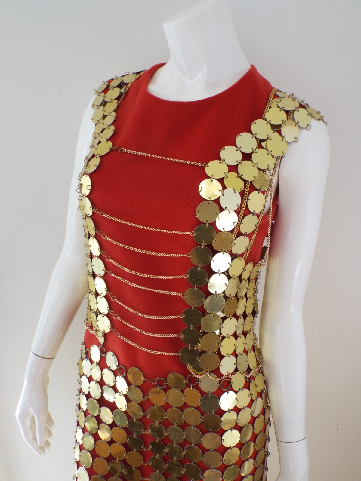 Vintage 1960s Gold Tone Metal Disc Chain Mail Vest Top & Skirt Dress Paillette