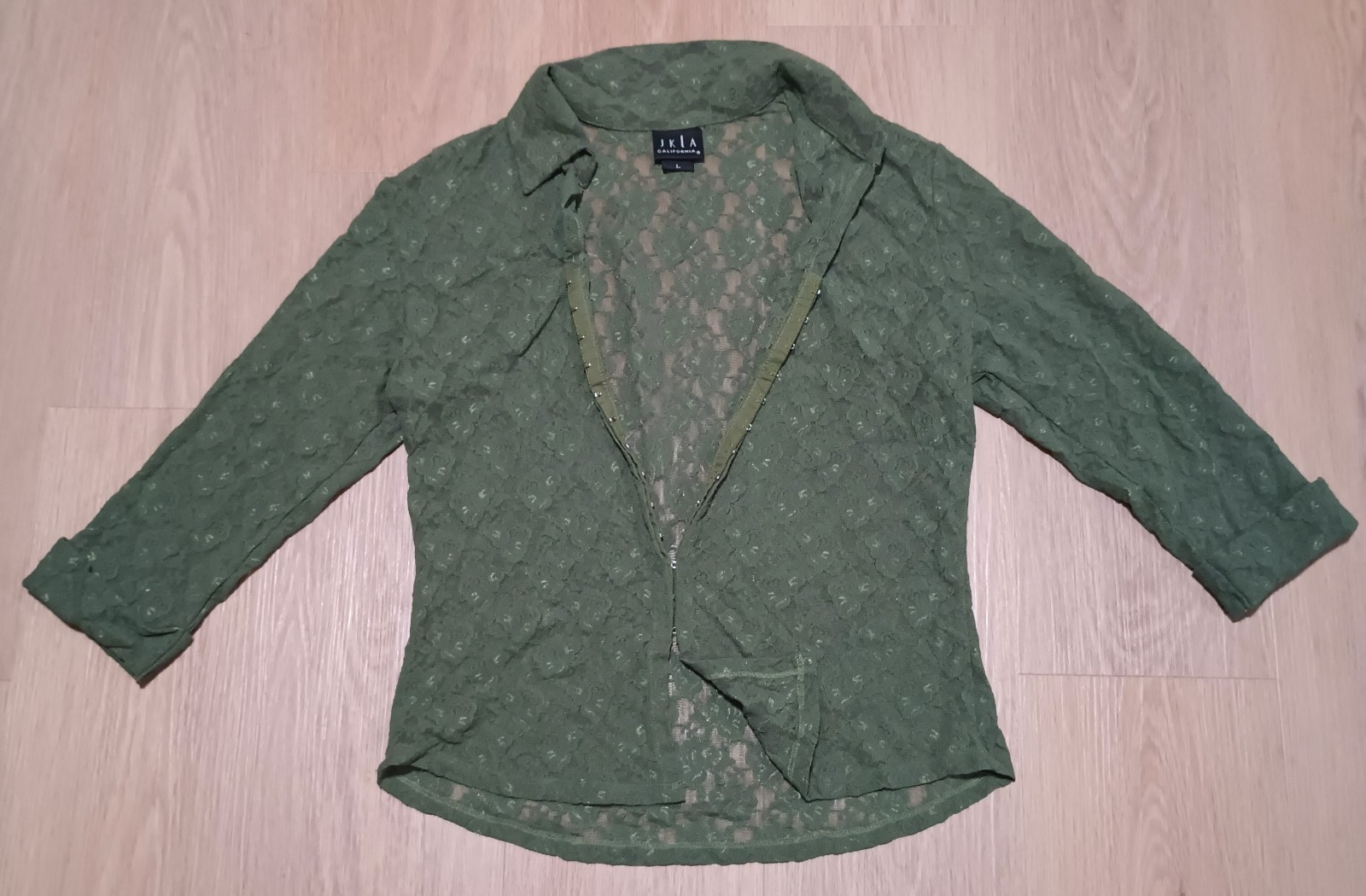 Vtg Y2K JKLA CALIFORNIA Olive Army Green Stretch Rose Floral Lace Sheer Top L