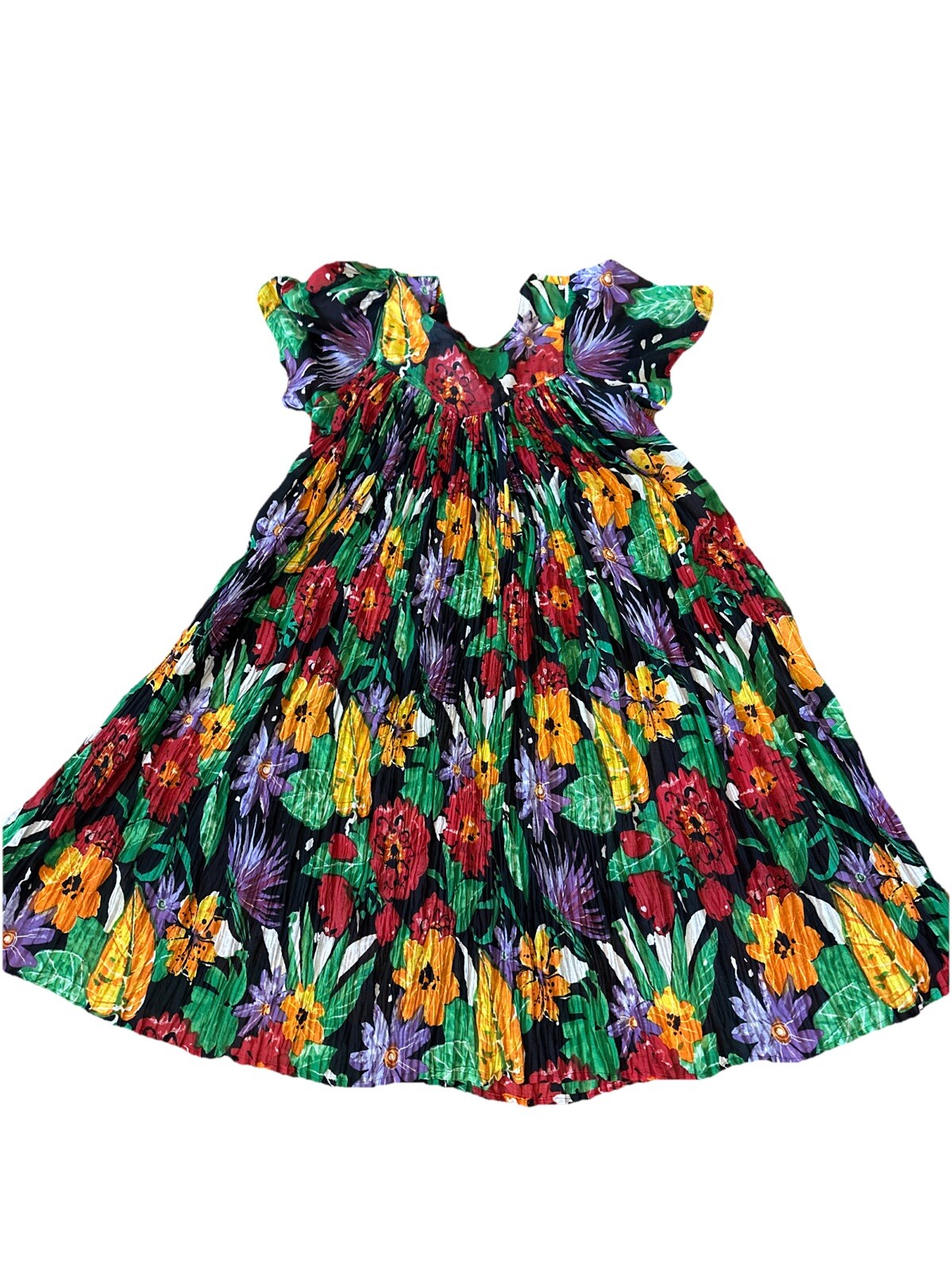 Vintage 80’s Sita Colorful 100% Cotton Trapeze Short Sleeve Dress Size S Nepal