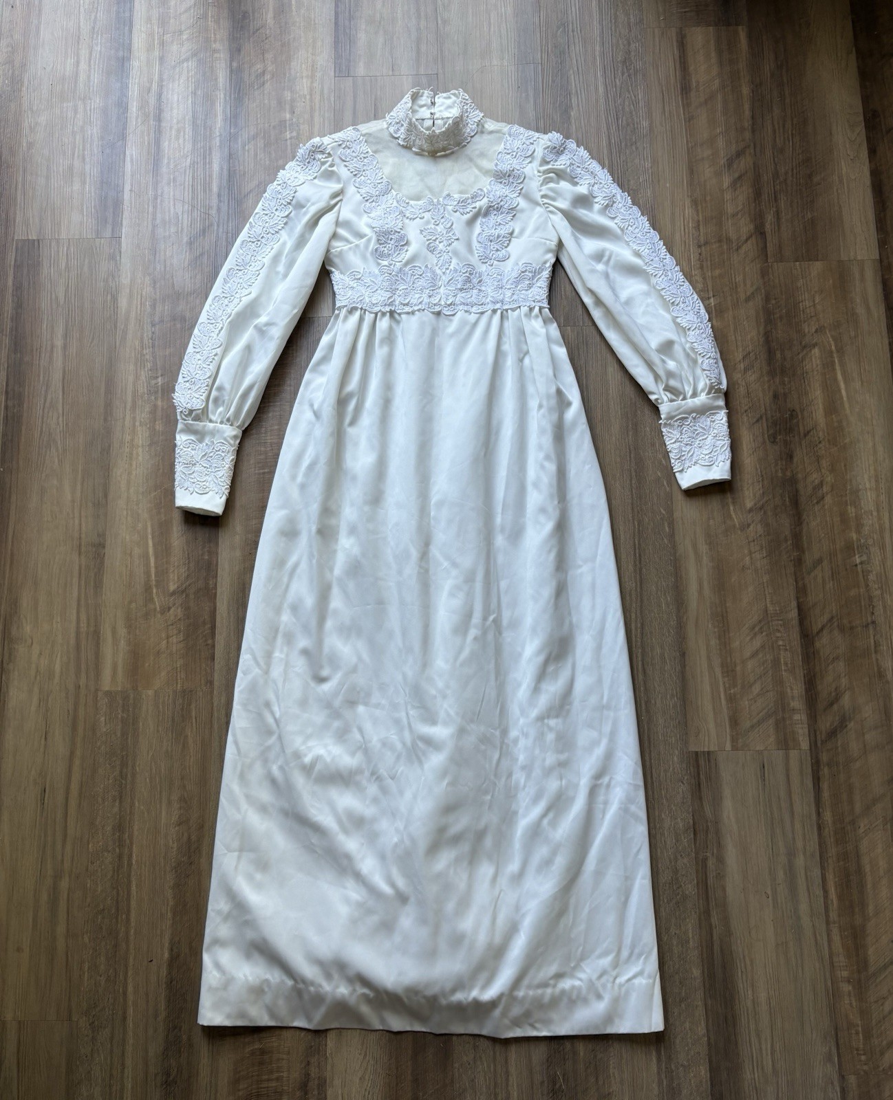 Vintage 70s Prairie Lace Maxi Edwardian Revival Wedding Gown Sz 2 / XS