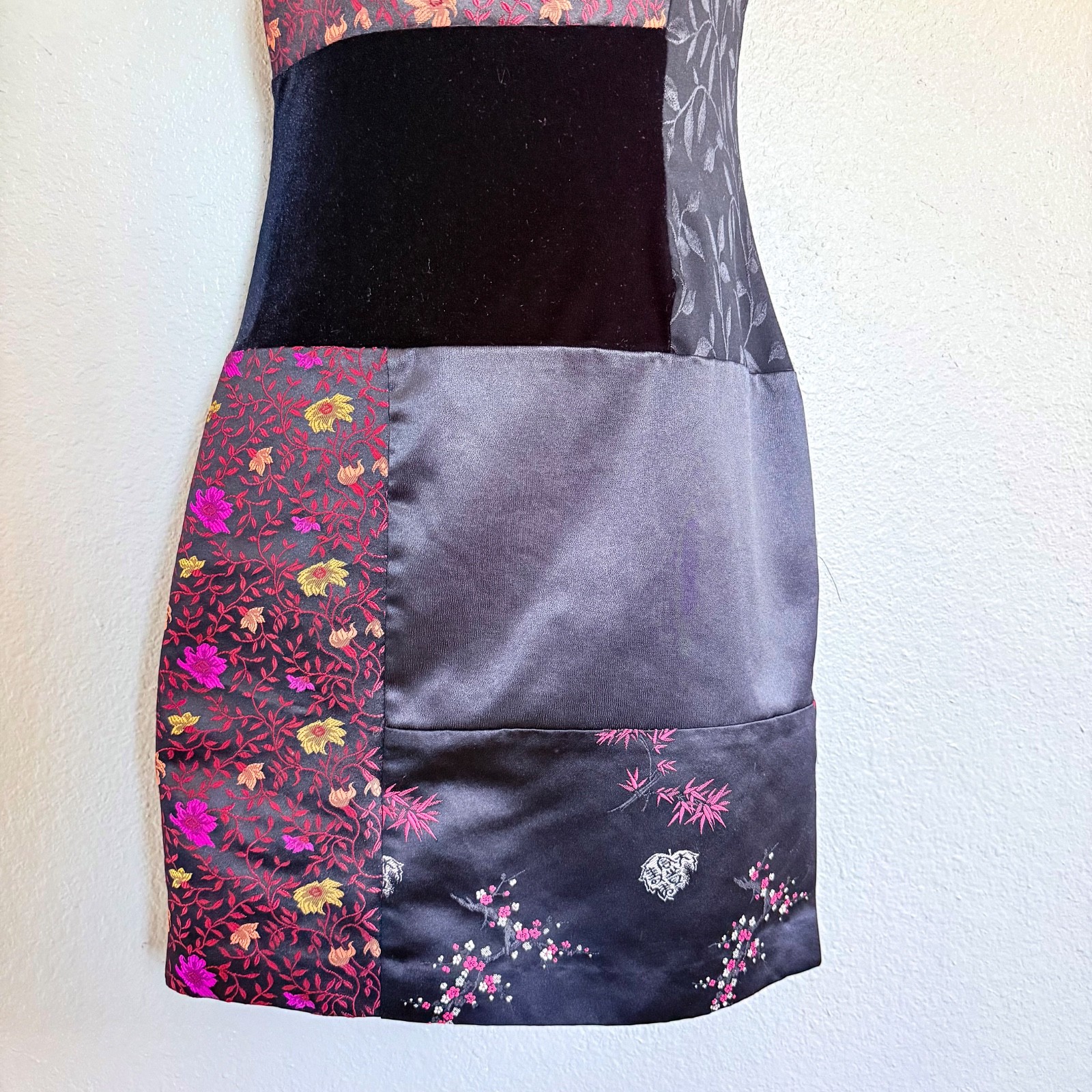 VTG 90s Asian Whimsigoth Patchwork Floral Brocade & Velvet Sheath Dress Size 2P