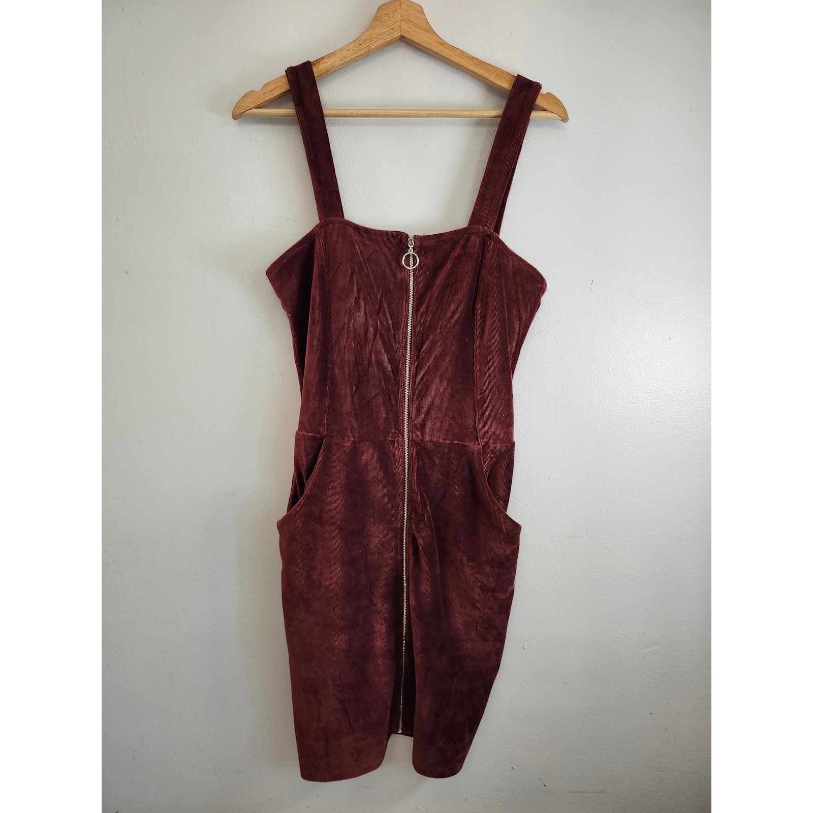 Heart Hips Burgundy Corduroy Zip Front Pinafore Dress Small Y2K Grunge Academia