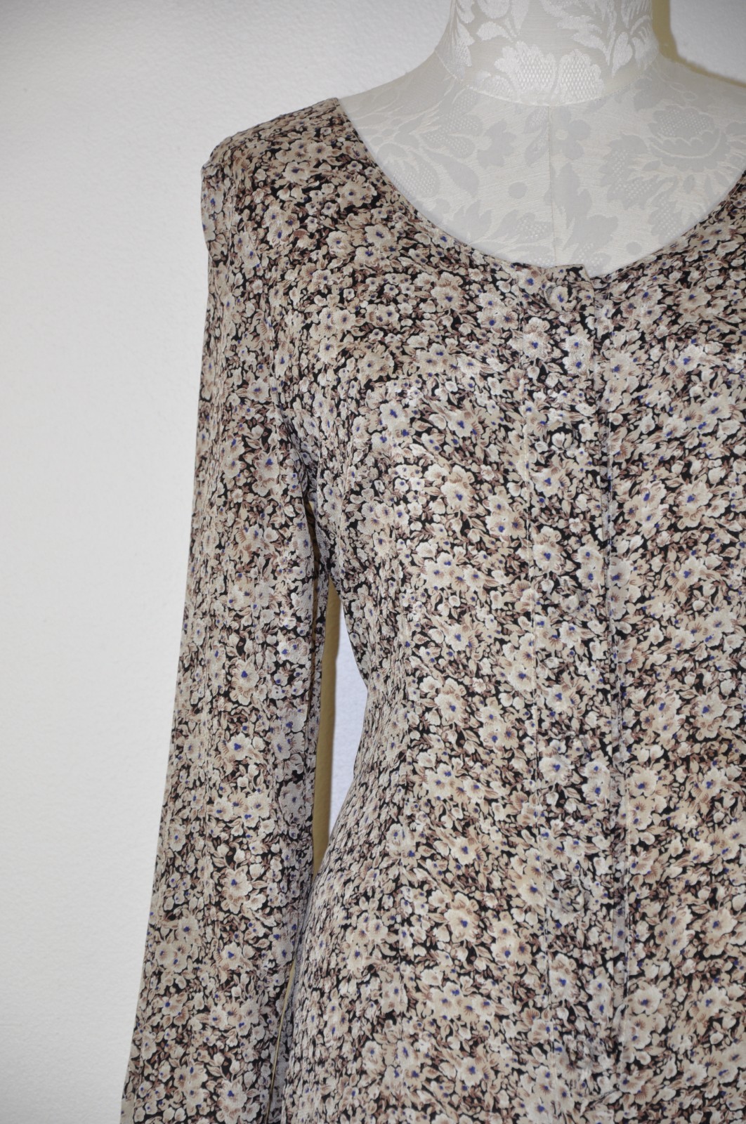 90s Vintage Brown Romantic Floral Long Sleeve Tie Back Grunge Dress Women S M