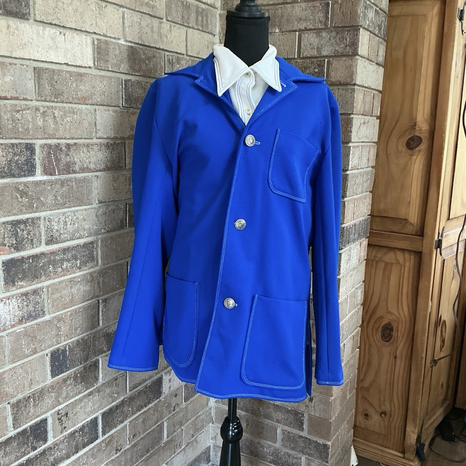 70s VTG Royal Blue Jacket White Blouse 2PC Set Sz L Coin Buttons Topstitch #20D8