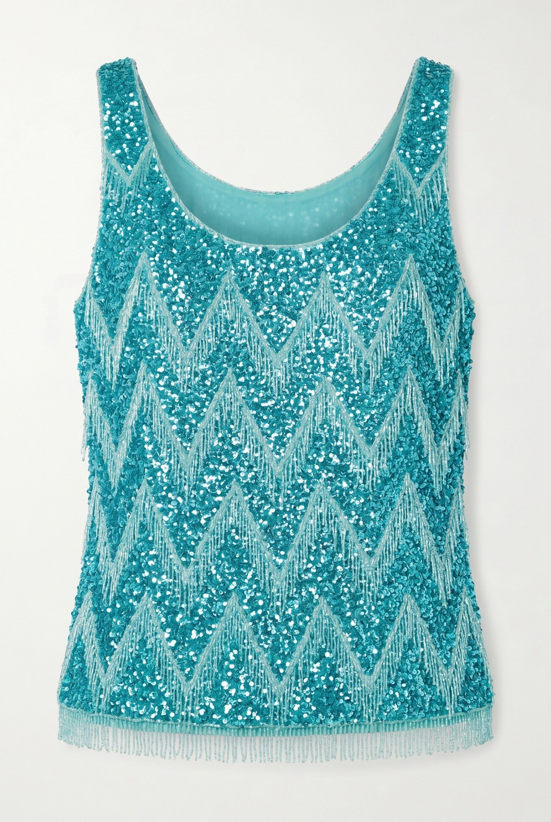 Vintage 1960s Hand Beaded Turquoise Sequin Fringe Top Art Deco Gatsby Flapper