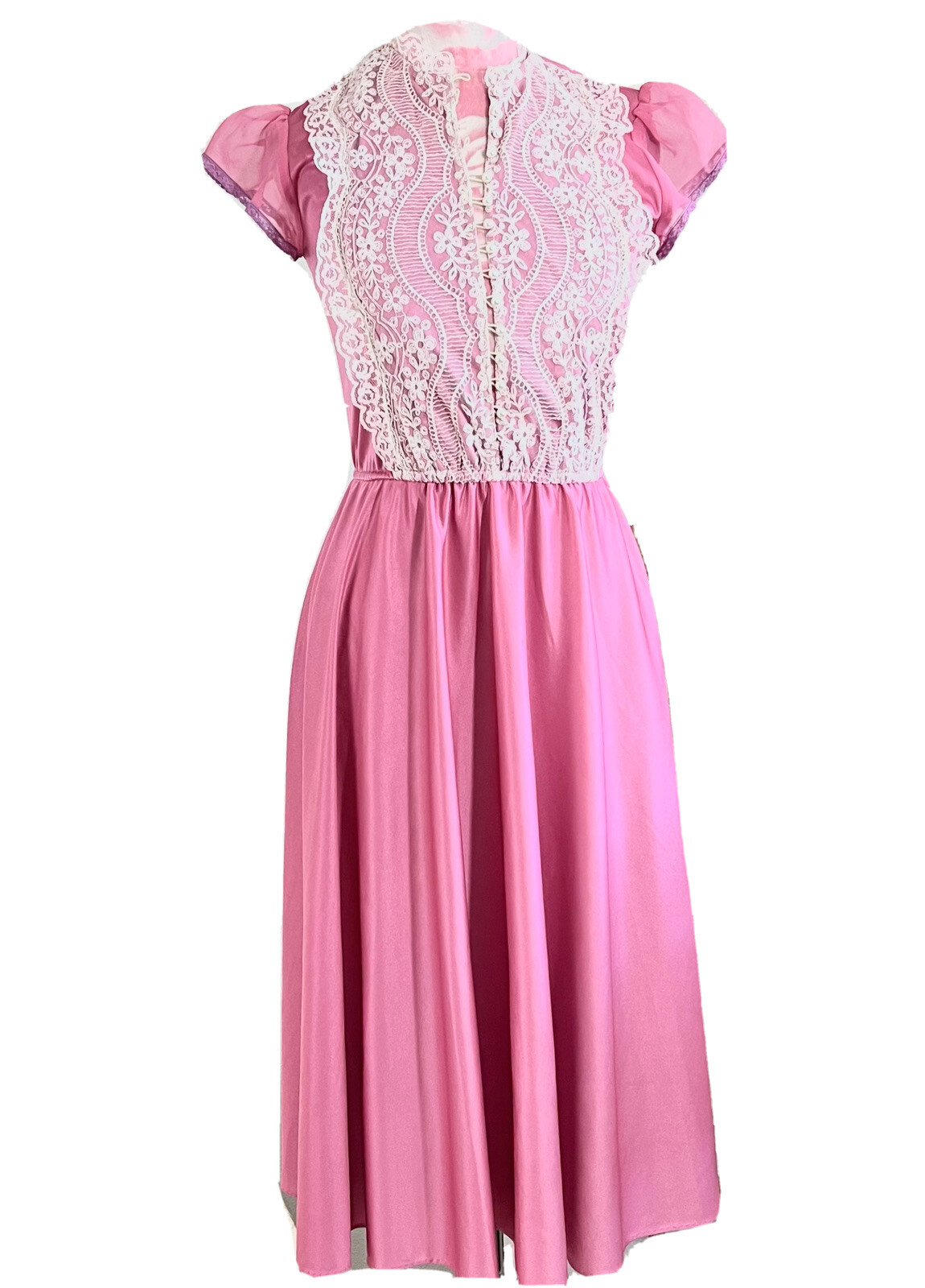 Vintage 70s Mauve Pink Small Cottage Button Up Lace Coquette Romantic Midi Dress