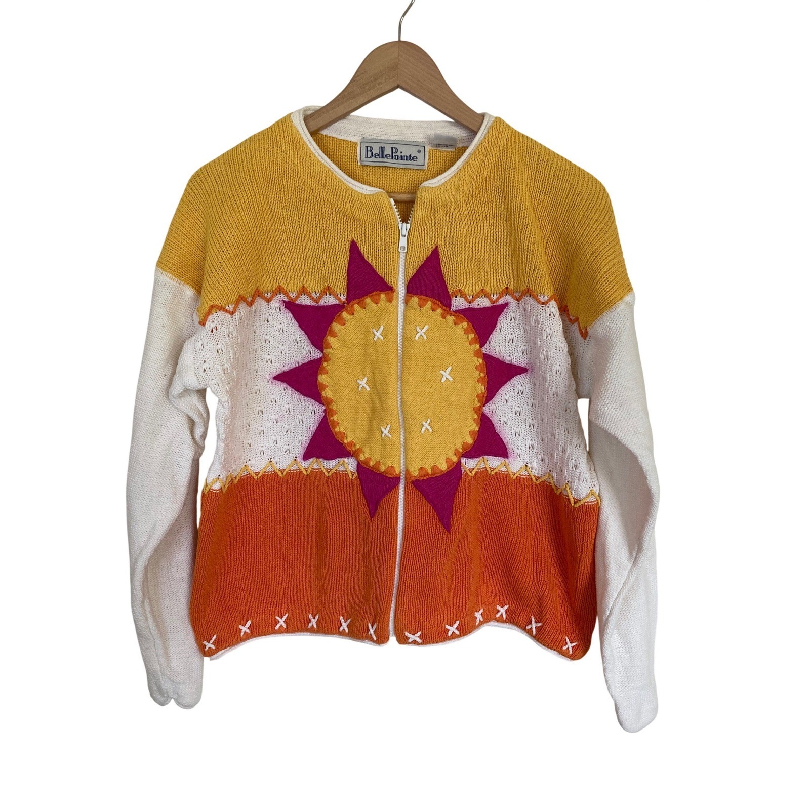 Vintage BellePointe Sunburst Zip Cardigan Sweater XL Yellow Orange White Ramie