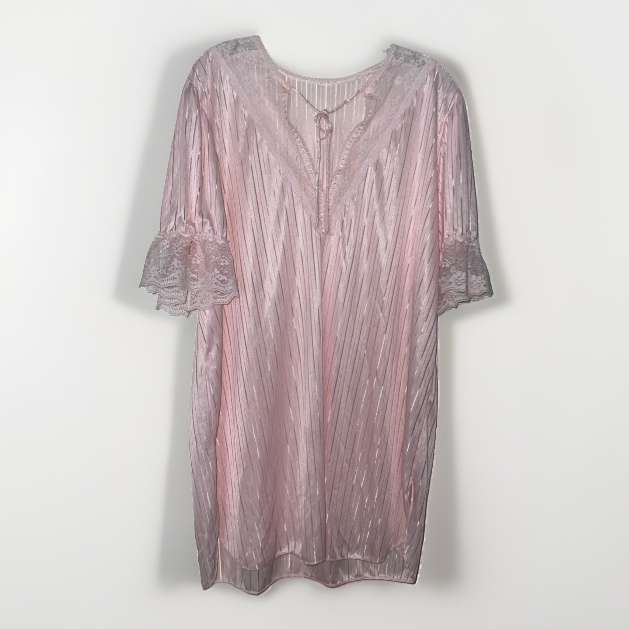 Miss Dira Vintage Sheer Satin Nightgown 2X/3X Pink Crochet Lace Trim Lingerie