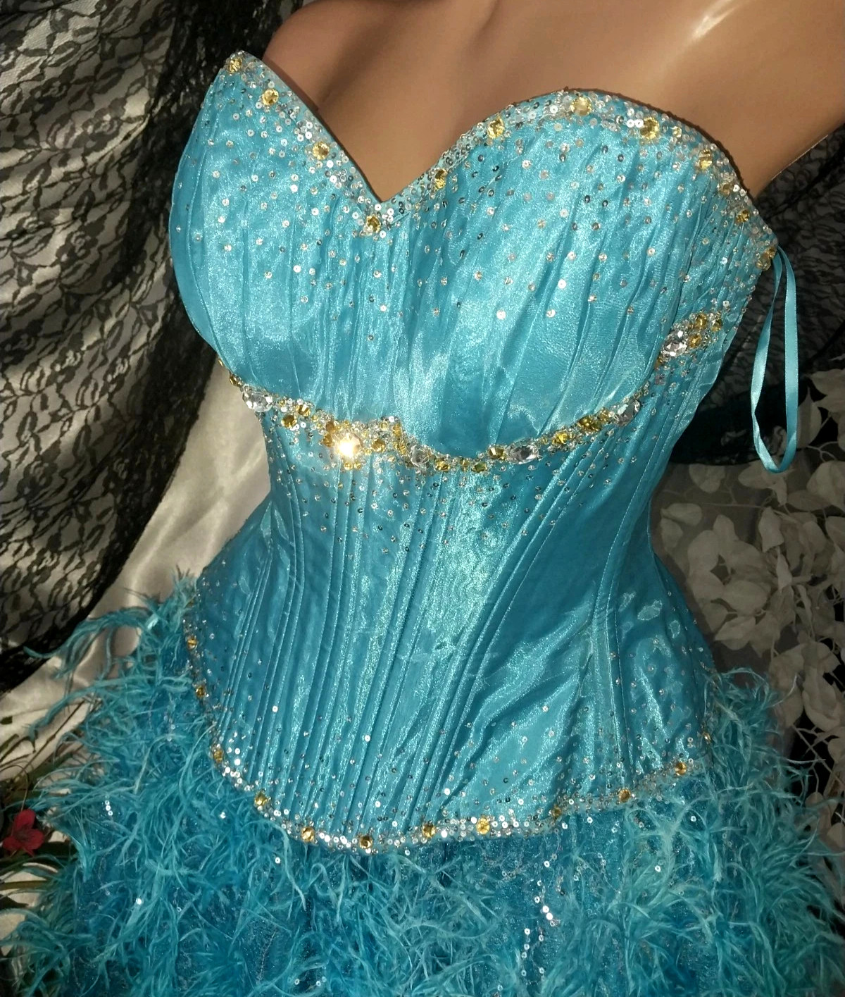 VTG Satin Burlesque Corset SHOW GIRL Skirt Set Drag AVANT La Cage Blue Dress