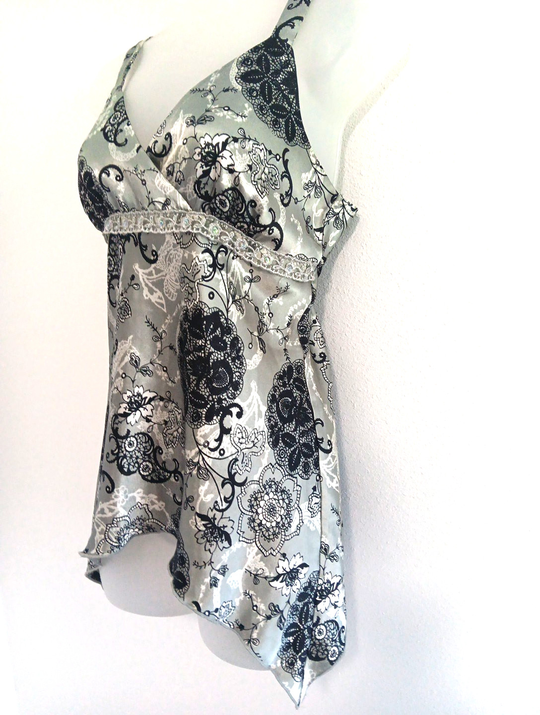 Y2K Babydoll Top Medium Gray Romantic Floral Satin Boho Fairy Grunge Whimsigoth