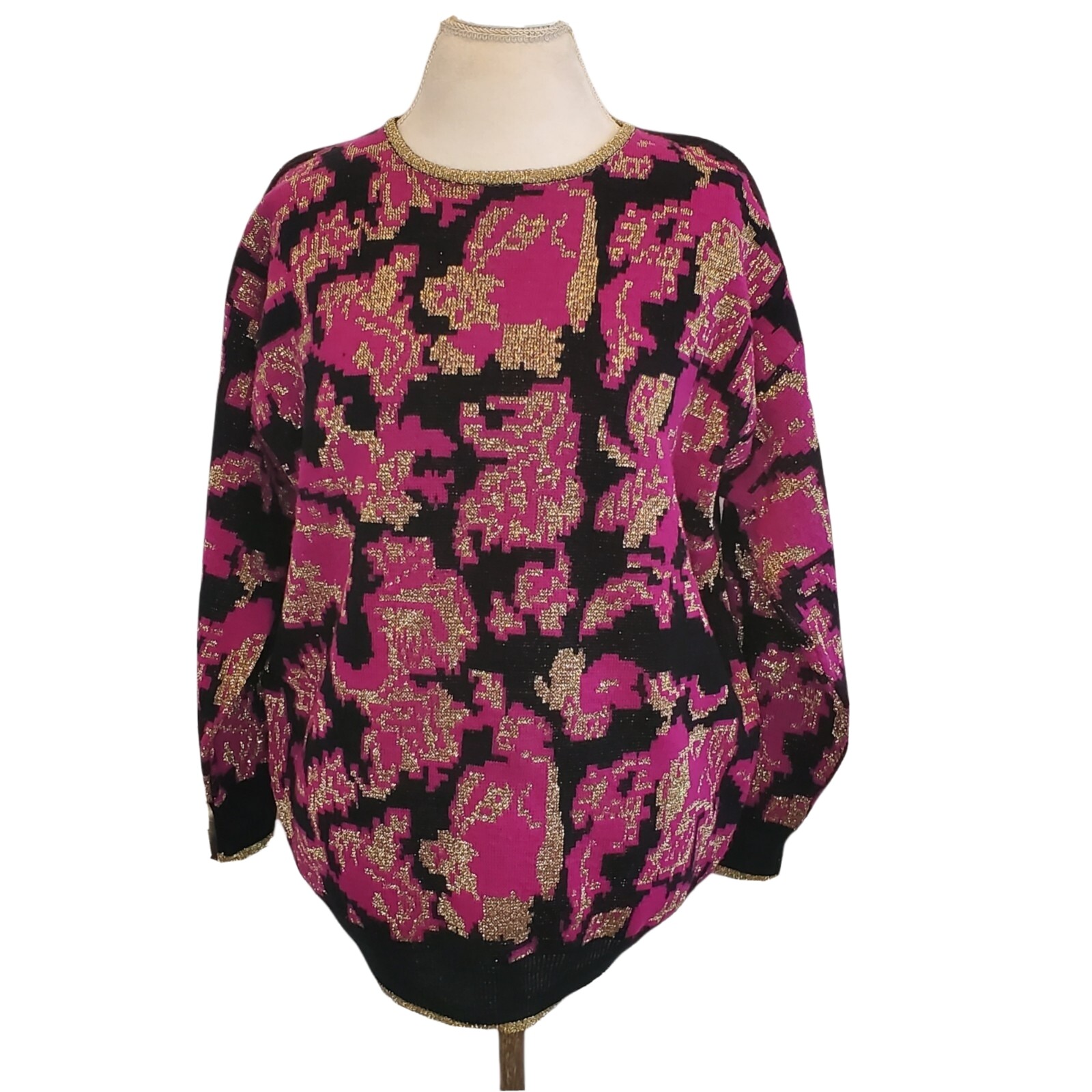 Vintage 90s Metallic Floral Sweater Black Pink Gold Crewneck Size L/XL
